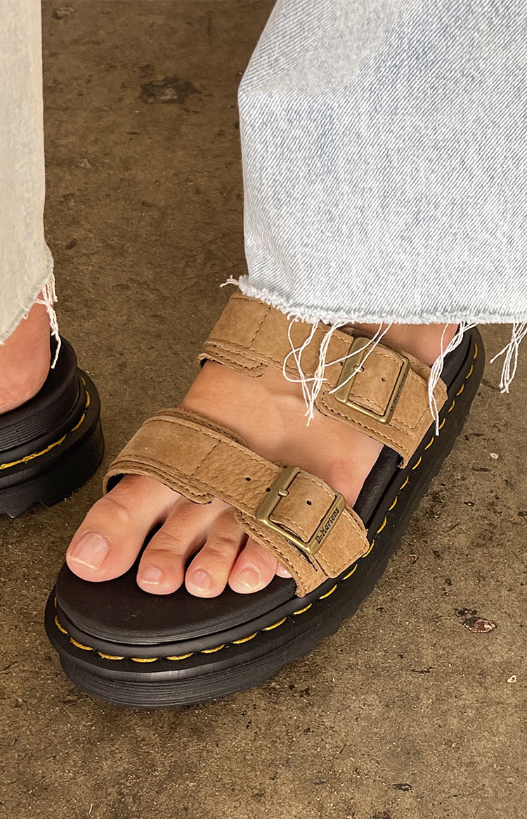 Dr. Martens Myles Slide Sandal - Tan Tumbled Nubuck Leather Slides for Men | Comfortable Summer Casual Shoes for Beach, Pool & Outdoor Wear