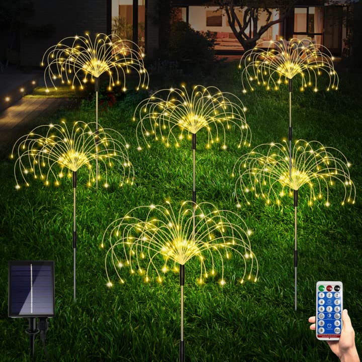 6 Pack Solar Garden Lights Outdoor - 120 LED Waterproof Firework Lights with Remote, 8 Lighting Modes for DIY Landscape Decor | Warm White Pathway & Backyard Lighting for Lawn, Garden, Patio, Walkway