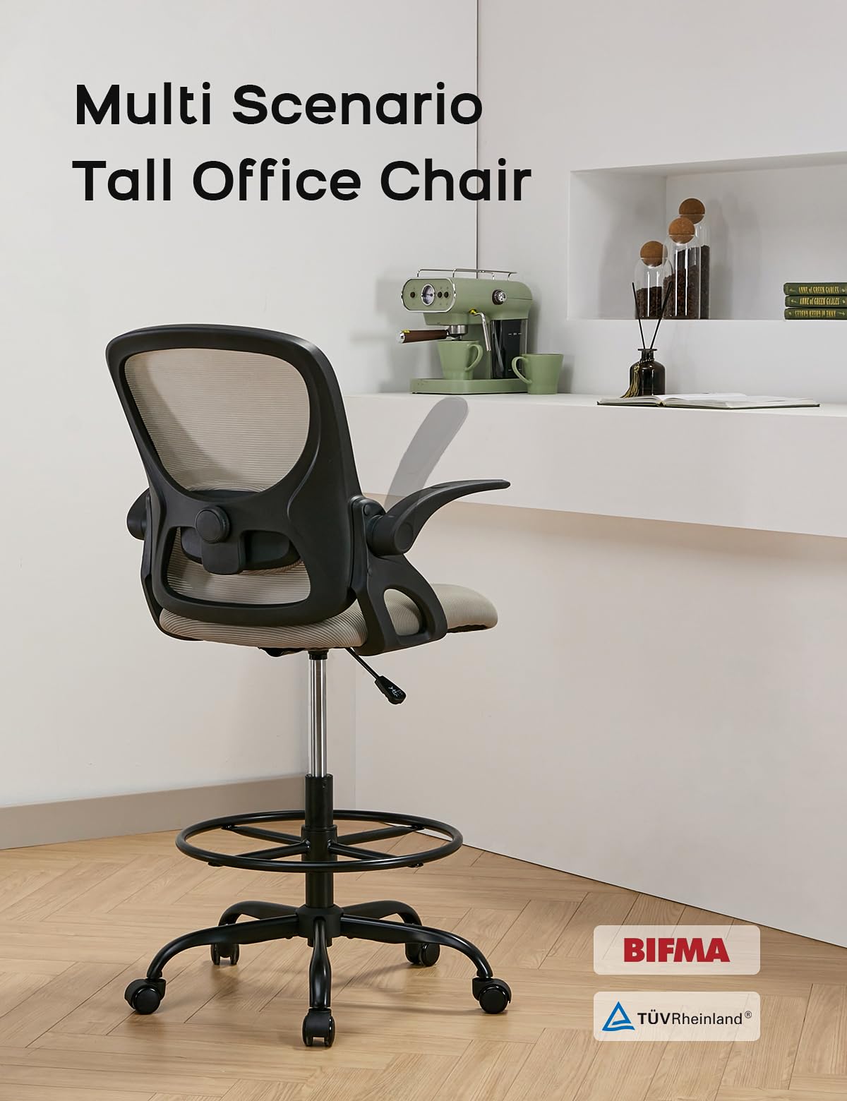Ergonomic Drafting Chair with Flip-Up Armrests & Adjustable Footrest - Tall Office Chair for Standing Desks - Lumbar Support Computer Chair for Bar Height Workstations (Black-Gray) - Perfect for Architects, Artists & Home Office Workspaces