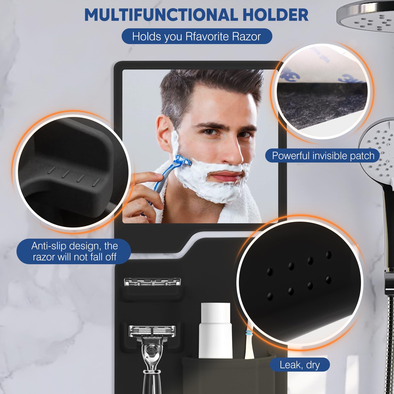 Fogless Shower Mirror for Shaving with Toothbrush & Razor Holder - Upgraded Silicone Grip Technology, Anti-Fog Acrylic Mirror with Strong Suction Cups - Perfect for Bathroom, Travel & Gym Use