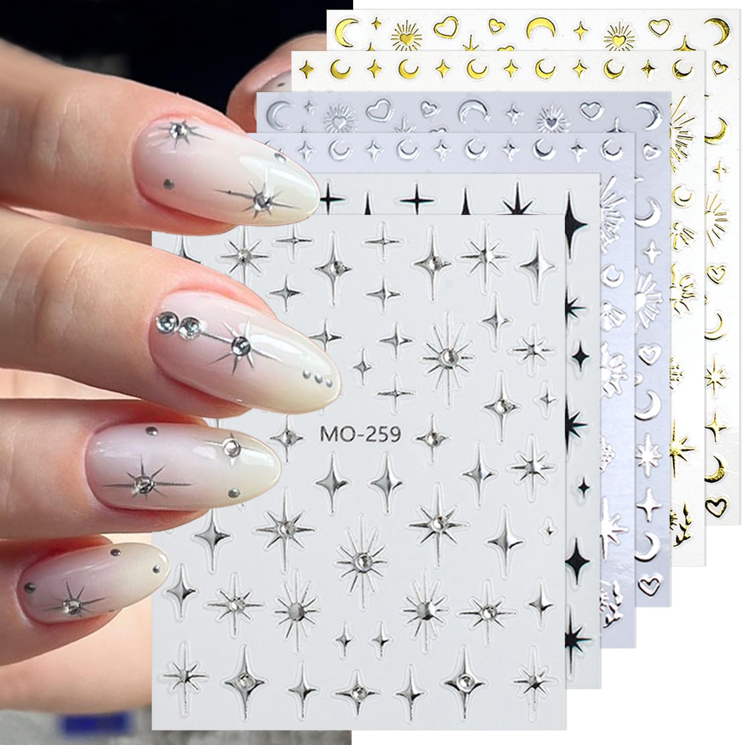 6 Sheets 3D Self-Adhesive Star Nail Stickers - Gold Silver Black Crystal Diamond Nail Art Charms for Women | Chrome Nail Decals for Acrylic Manicure & Gel Polish Decorations | Perfect for Parties, Weddings, and Special Occasions