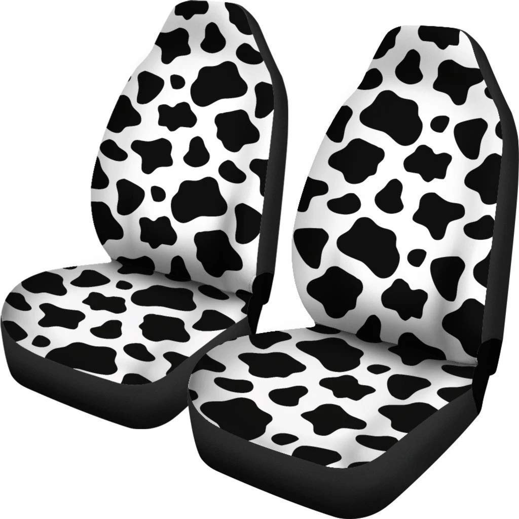Buybai Cozy Front Car Seat Cover - Cute Black & White Cow Print Universal Fit for Most Cars, Sedans, SUVs & Vans (2-Piece Set) - Perfect for Road Trips, Daily Commutes & Pet-Friendly Vehicles