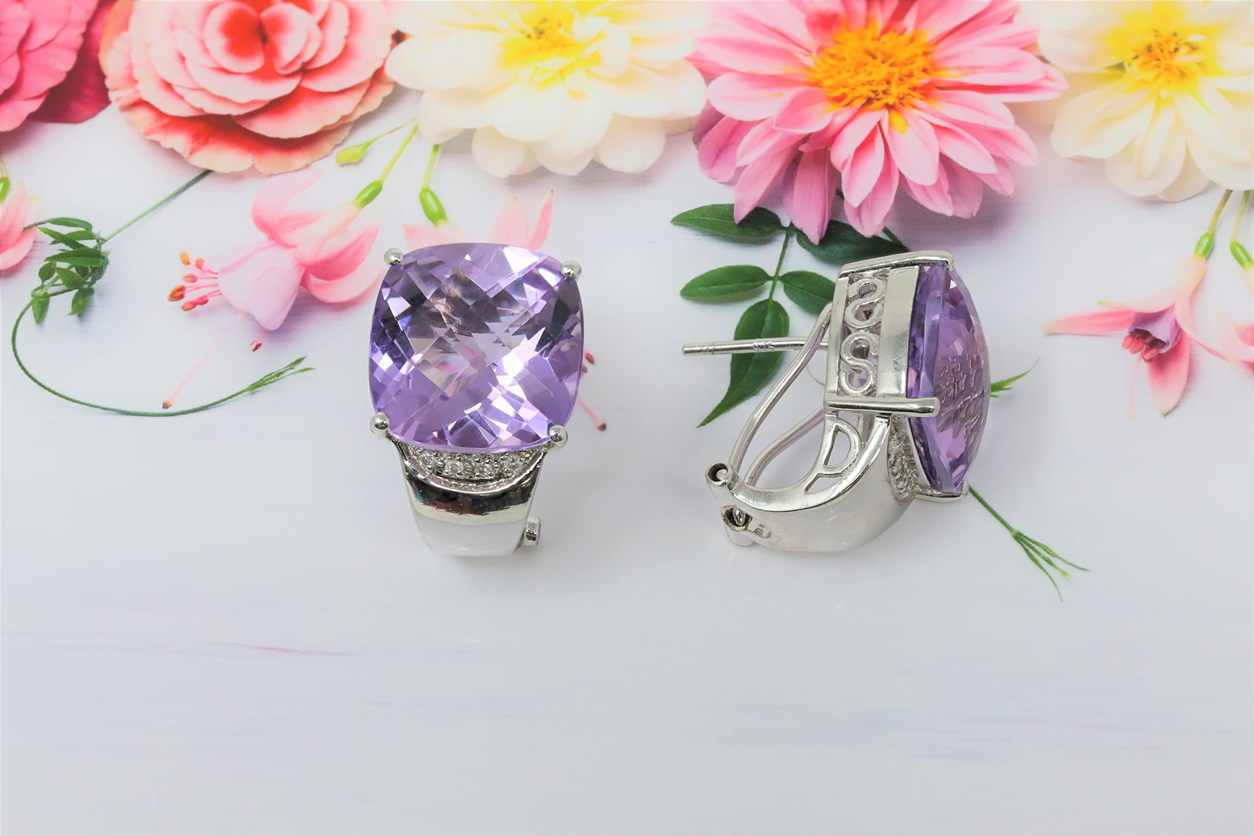 925 Sterling Silver 14mm Genuine Amethyst Stud Earrings with Diamond Accents - Cushion Cut Purple Gemstone Jewelry for Women - Perfect for Weddings, Parties & Everyday Elegance