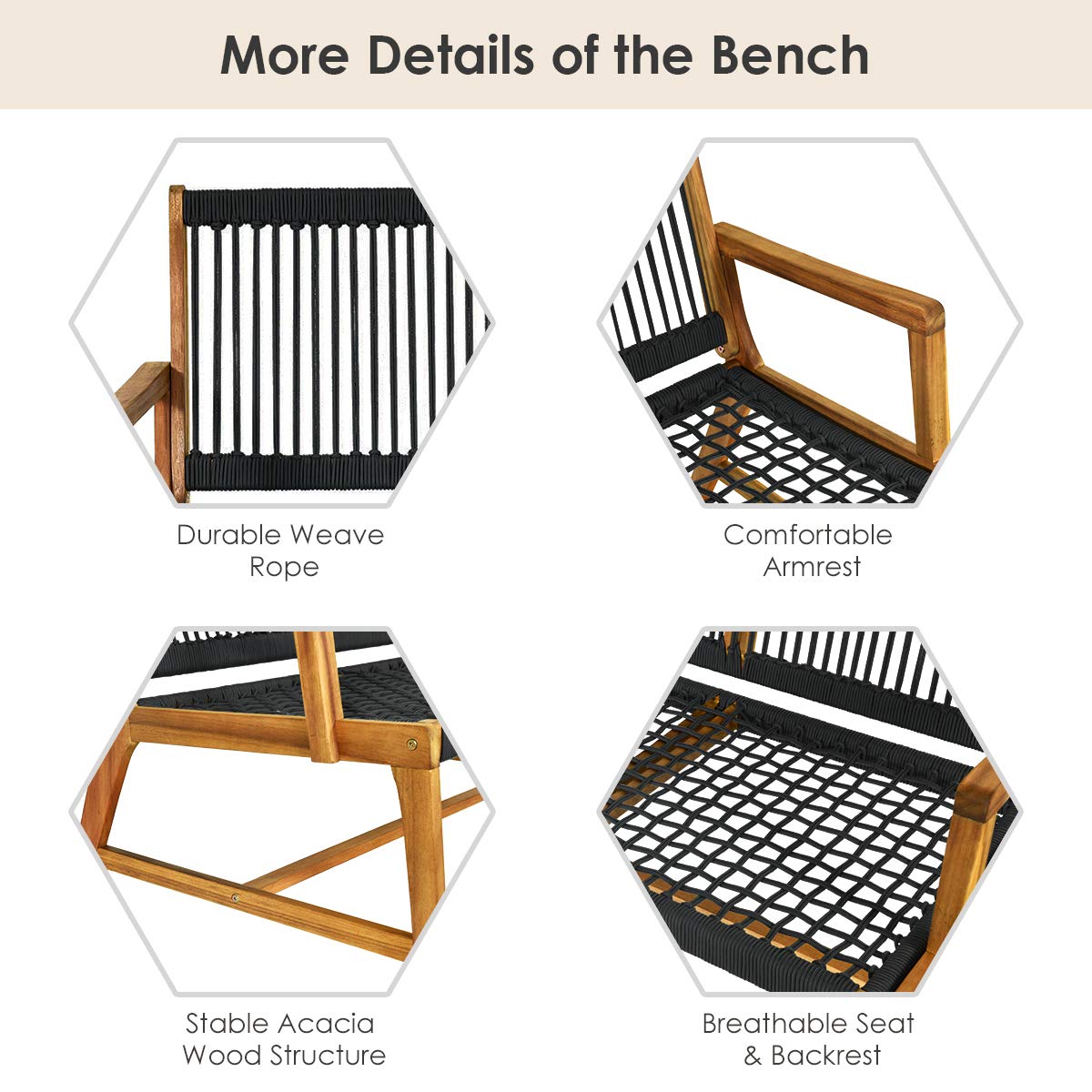 2-Person Acacia Wood Outdoor Patio Bench with Backrest & Armrest - Weatherproof Loveseat Rope Chair for Porch, Poolside, Garden & Balcony (Black) | Perfect for Relaxing, Entertaining & Outdoor Decor