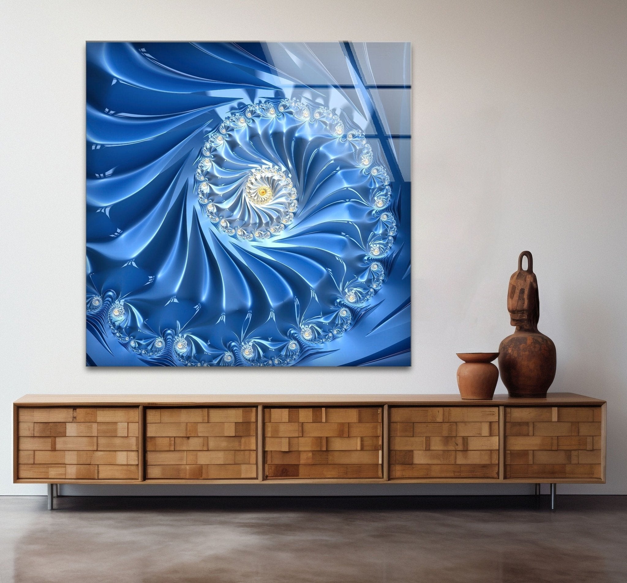 Abstract Blue Fractal Glass Wall Art - Handmade Modern Home Decor for Living Room, Bedroom & Office - Unique Swirl Design for Contemporary Interior Design