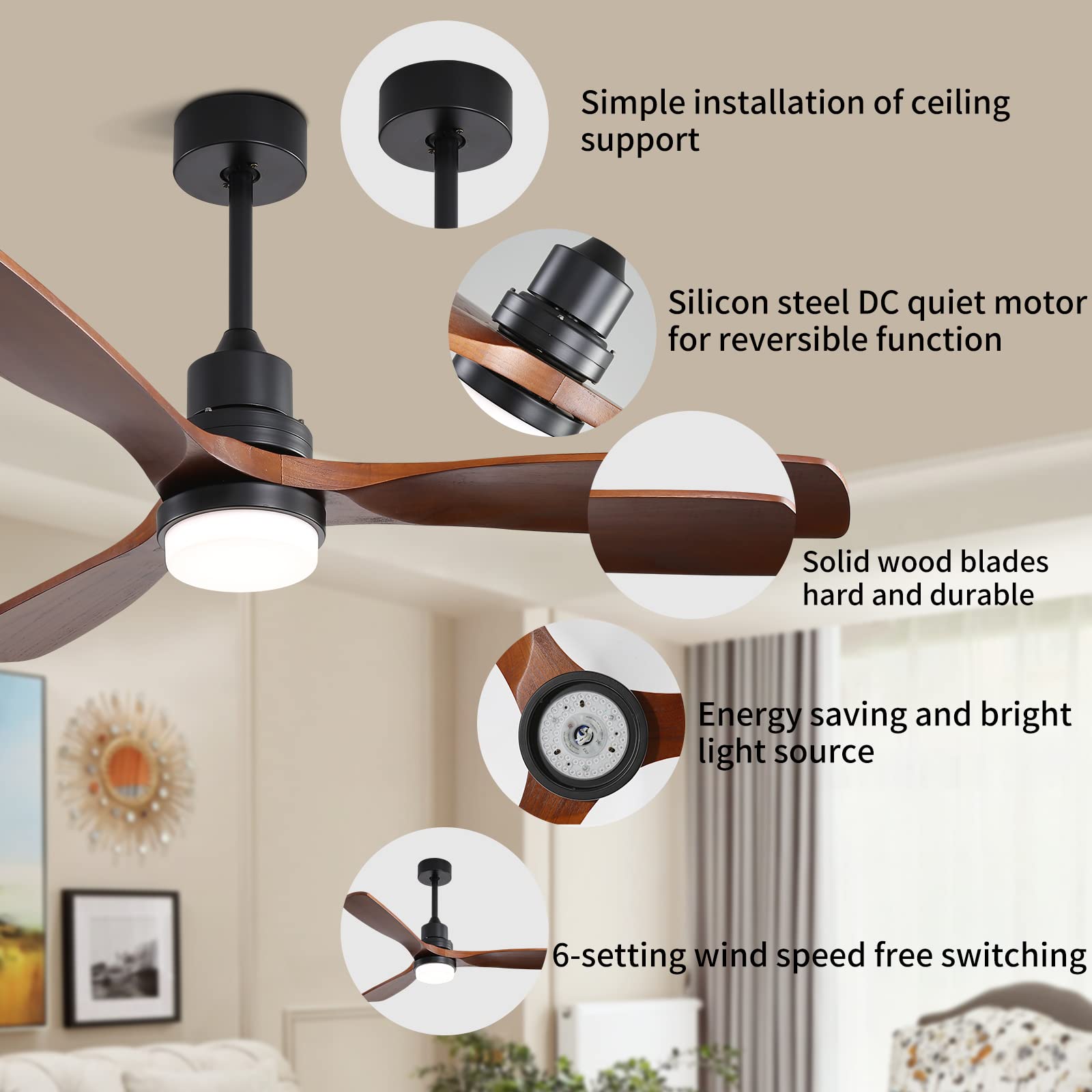 52 Inch Walnut Ceiling Fan with Light and Remote Control - 3 Wooden Blades, Dimmable 3-Color LED Light, 6-Speed DC Reversible Silent Motor for Living Room, Bedroom, and Office