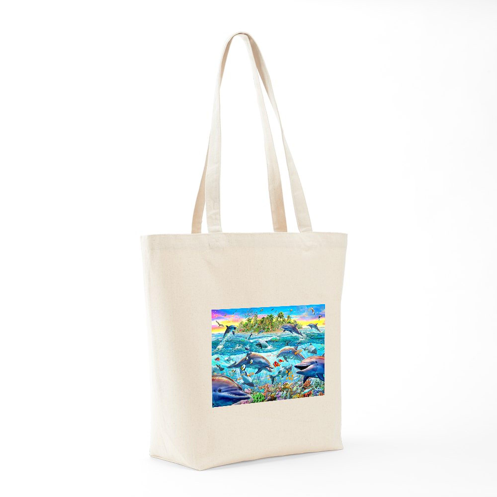 Dolphin Reef Canvas Tote Bag - Eco-Friendly Reusable Shopping Bag for Beach, Grocery & Everyday Use | Natural Cotton Carryall