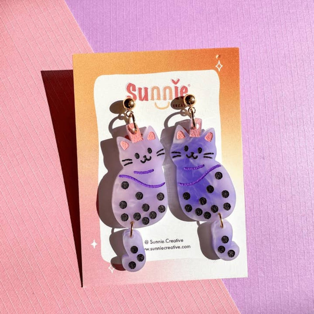 Taro Boba Cat Earrings