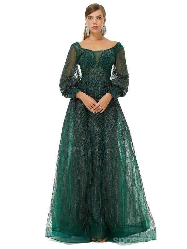 Elegant Green A-Line Long Sleeve Prom Dress with Jewel Details - Formal Evening Party Gown for Homecoming, Quinceañera & Special Occasions