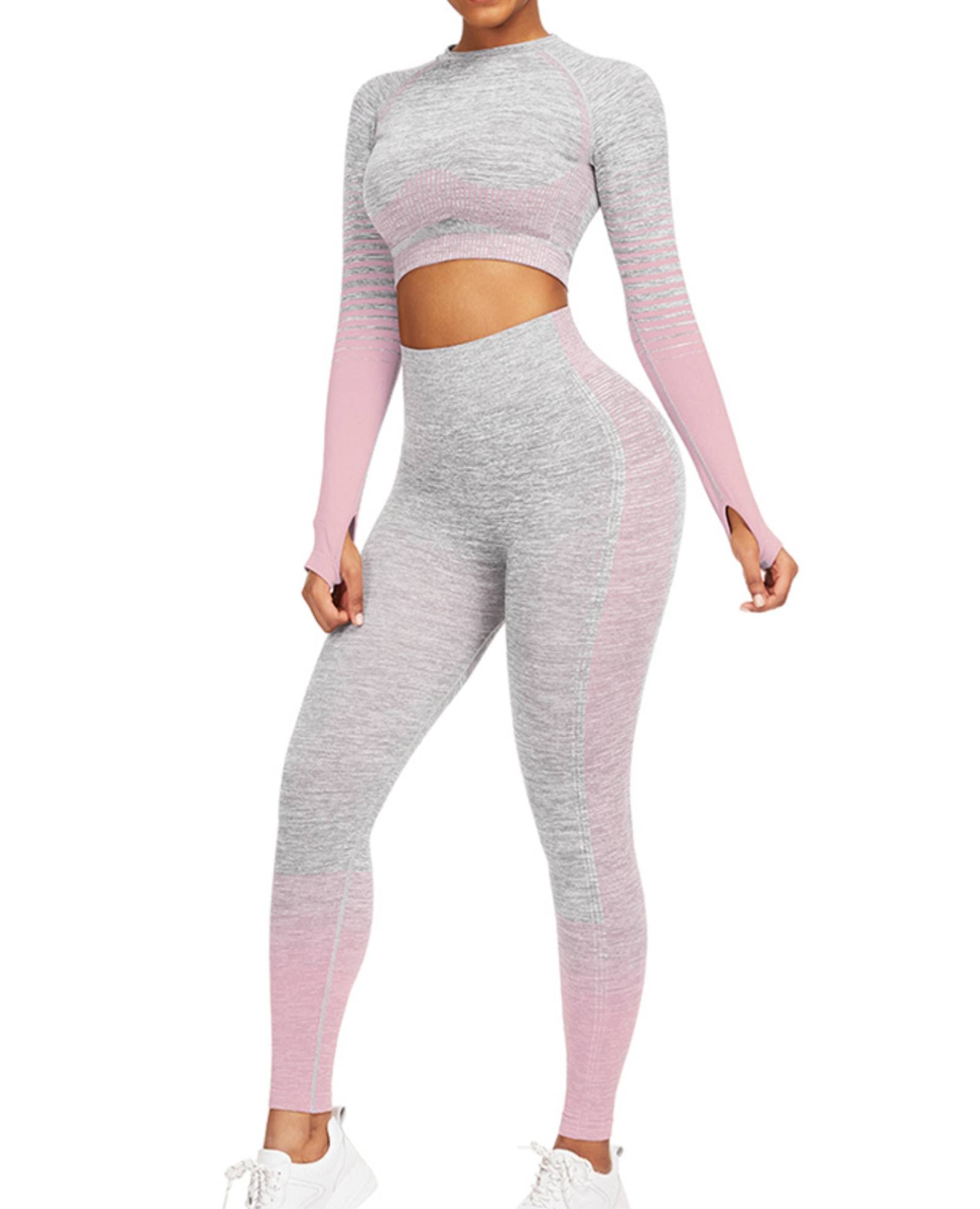 FeelinGirl Women's 2-Piece Workout Set - Long Sleeve seamless ribbed crop top & high waist leggings - Yoga, Gym, Running & Lounge Wear