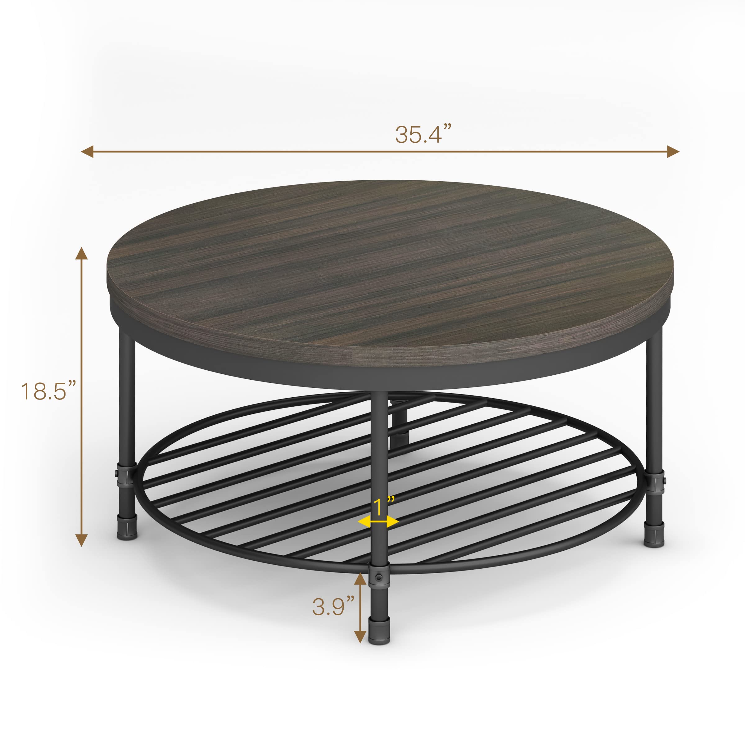 Rustic Round Coffee Table with Wood Top & Metal Legs - Industrial Sofa Table for Living Room, Modern End Table with Storage Shelf, Home Furniture (Dark Grey Brown) - Perfect for Small Spaces, Apartments, and Cozy Living Rooms