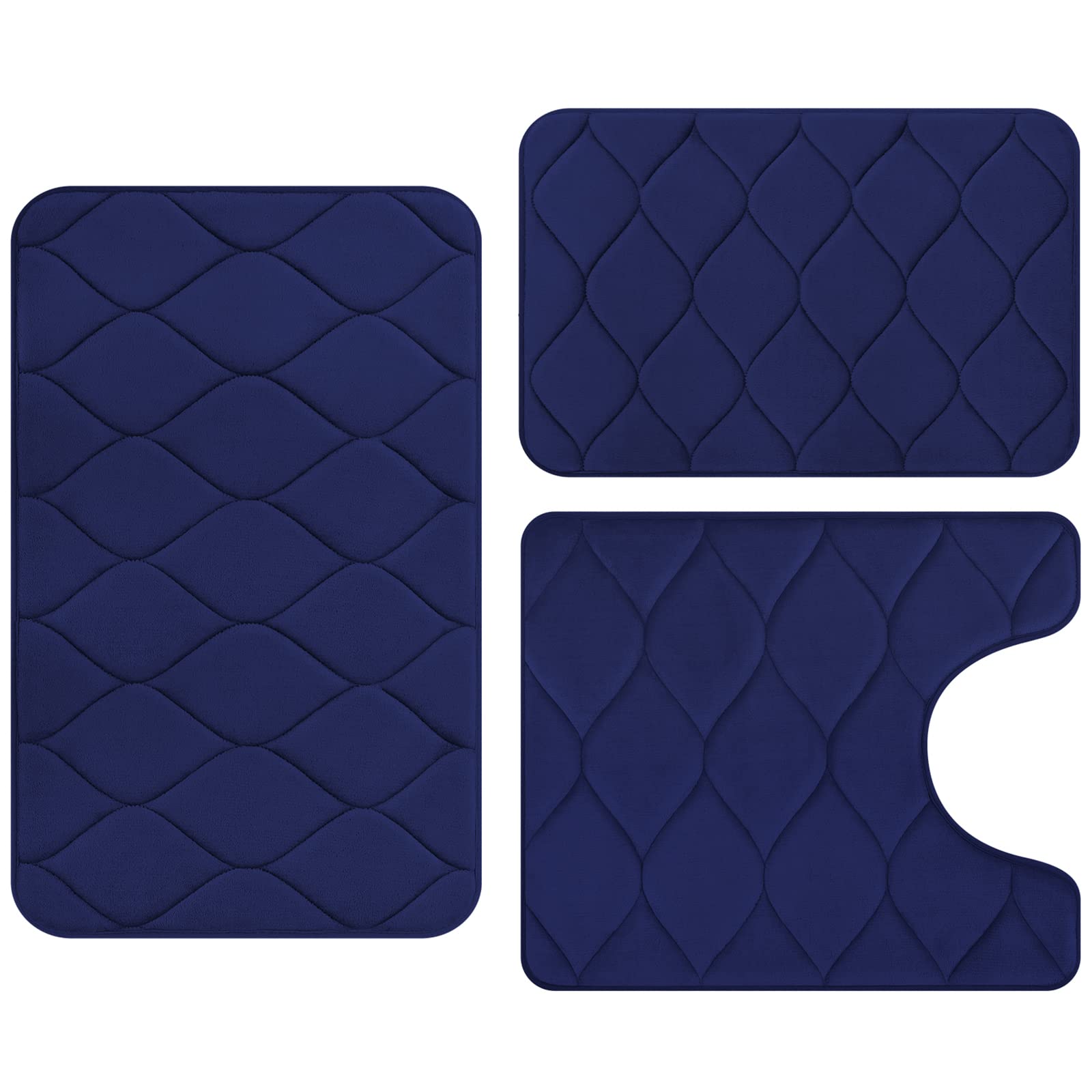 **Colorxy Memory Foam Bathroom Rugs - Super Soft, Non-Slip, Water Absorbent Bath Mat Set of 3 (Small/Large/Contour) - Washable Ogee Design in Navy Blue - Perfect for Bathroom, Shower, and Spa Use**