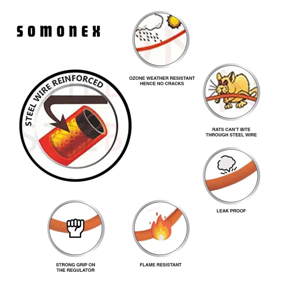 Somonex 2.5M ISI Certified LPG Gas Hose - Flame Resistant, Leak Proof with Reinforced Steel Wire & Clamp for Home Gas Stoves | Safe for Kitchen, Outdoor Cooking & RV Use