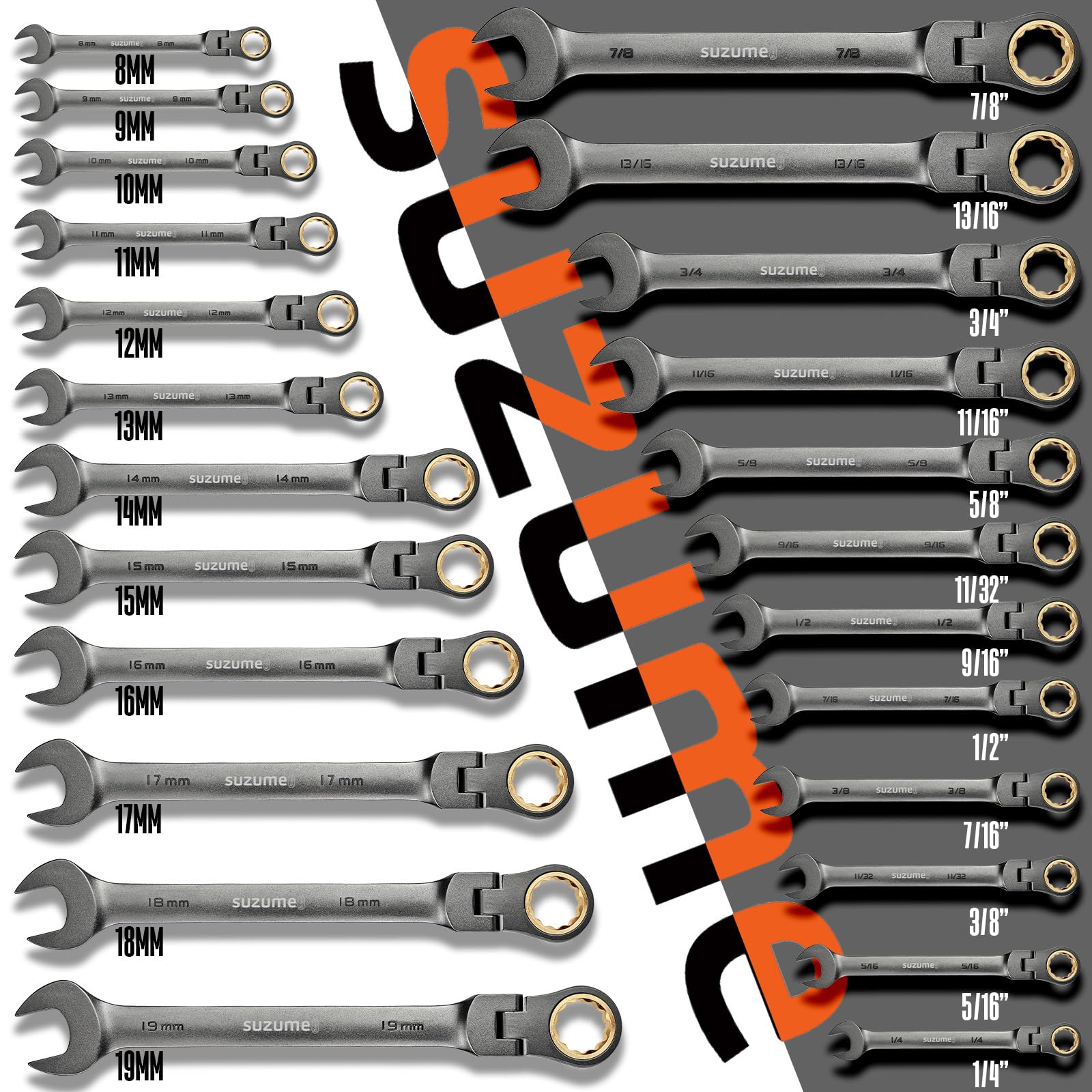 SUZUME 24-Piece Metric & SAE Flex Head Ratcheting Wrench Set - 72 Teeth Cr-V Steel Ratchet Wrenches with 180° Swivel Head - Professional Automotive & Machinery Repair Tool Kit for Mechanics, DIY, Home Garage & Industrial Use