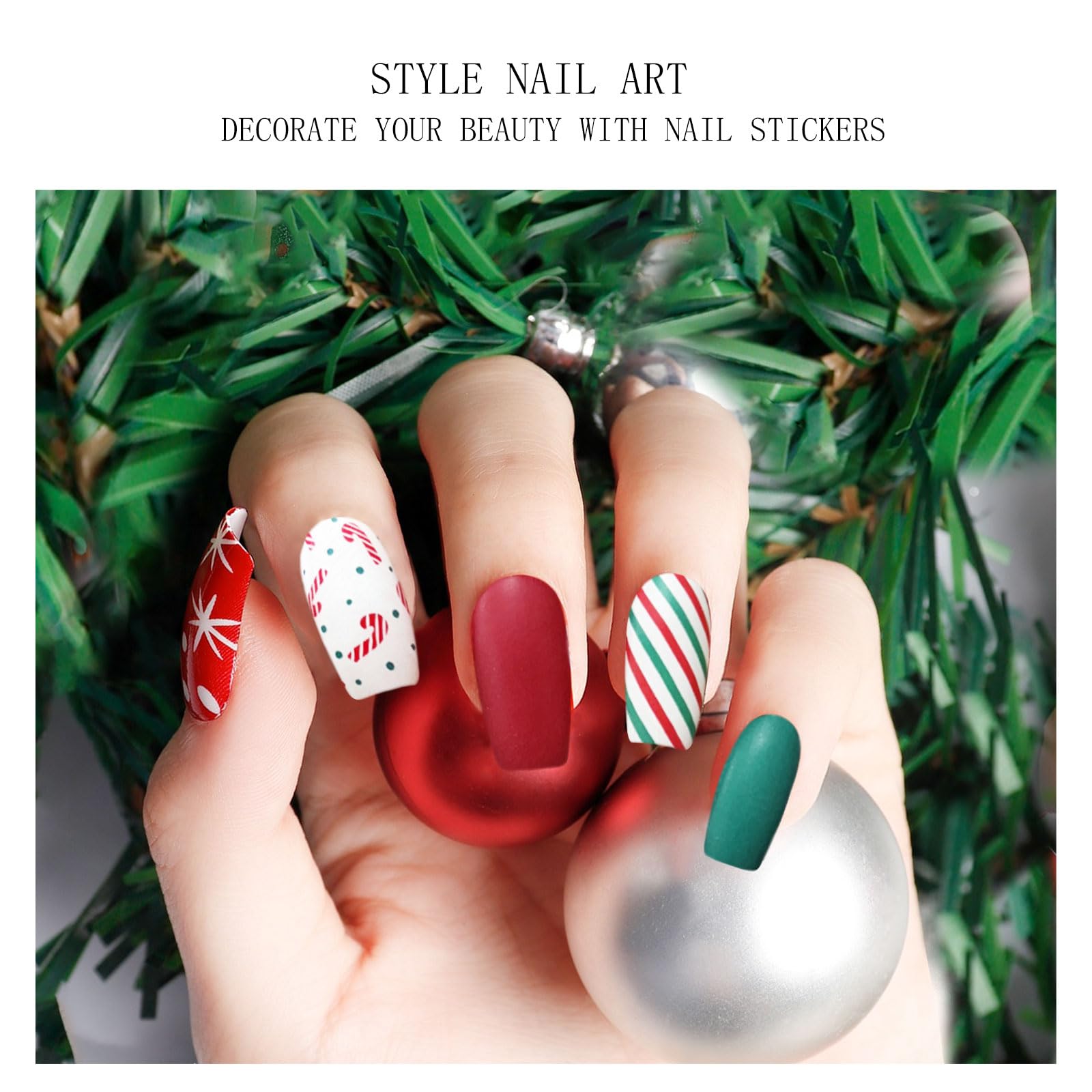 JMEOWIO Christmas Cute Green Red Semi-Cured Gel Nail Stickers - Long Lasting UV/LED Nail Strips for Holiday Nail Art Designs & Decorations - Perfect for Christmas Parties, Gifts & Festive Nail Looks