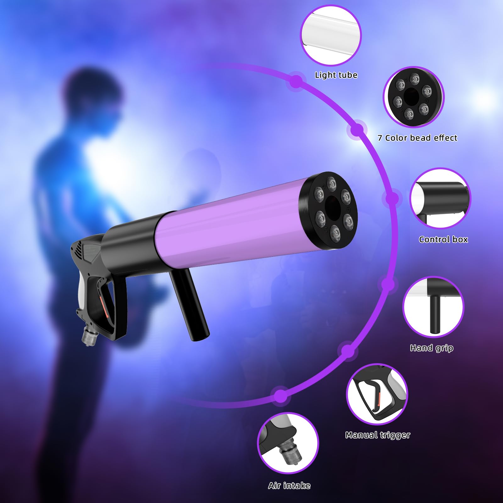 **CO2 Jet Machine Blaster - Handheld CO2 Cannon Smoke Machine with RGB LED Lights, Carbon Dioxide Gas Column Gun for Stage Effects, DJ, Club, Wedding & Halloween Parties - Perfect for Nightclubs, Concerts, and Themed Events**