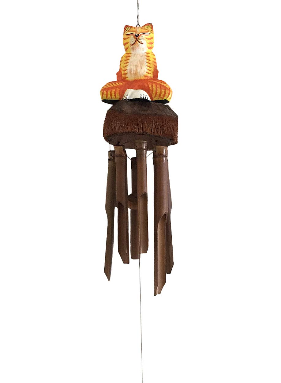 OMA Handcrafted Bamboo Wind Chime - Cat Shaped Indoor/Outdoor Decor with Soothing Sounds, Large Size (Tabby Cat) - Perfect for Garden, Patio, Balcony & Home Relaxation