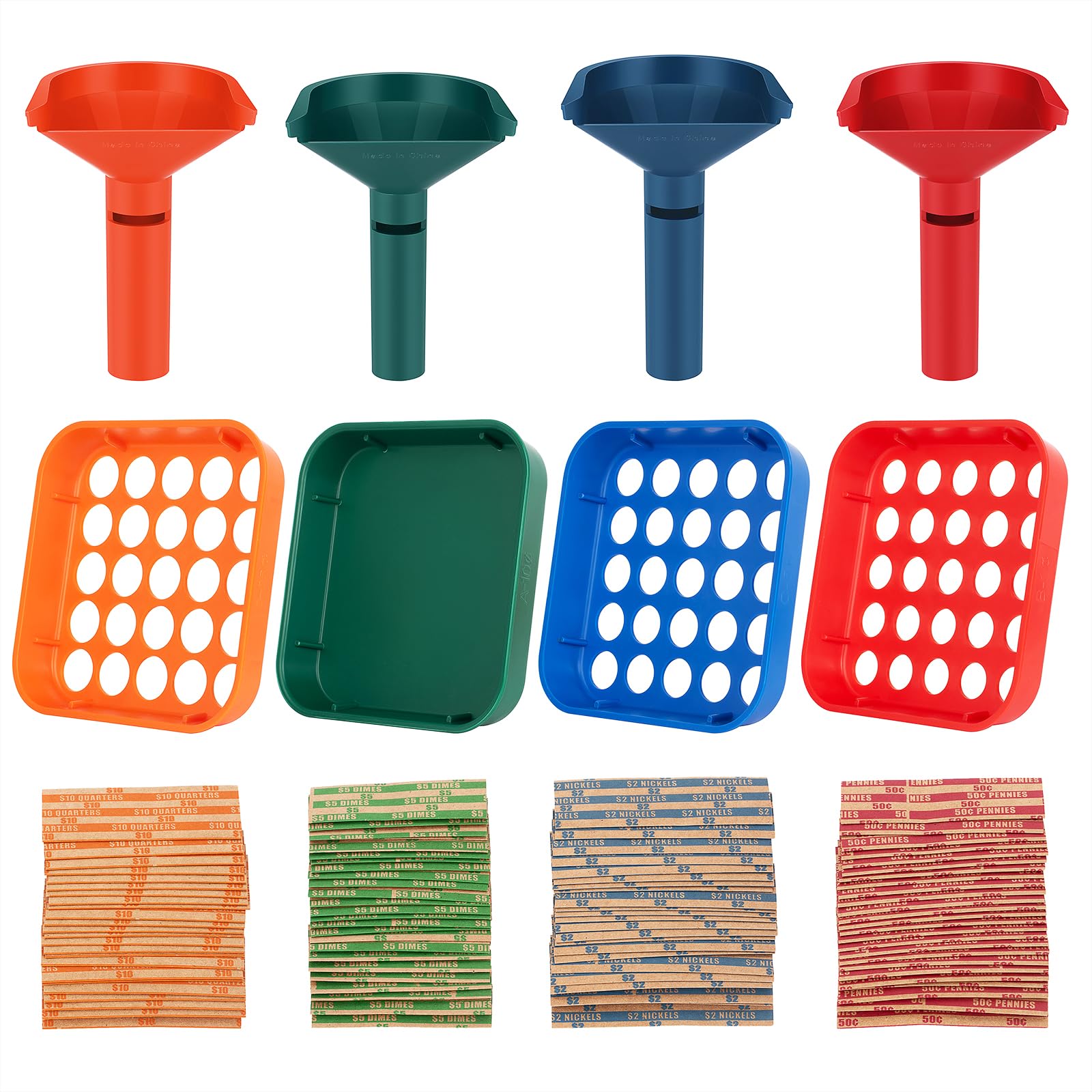 4 Color Coded Coin Sorter Tray & Tube Set with 100 Assorted Coin Wrappers - Efficient Money Sorting for Banks, Retail Stores & Home Organization (Blue, Red, Green, Yellow)