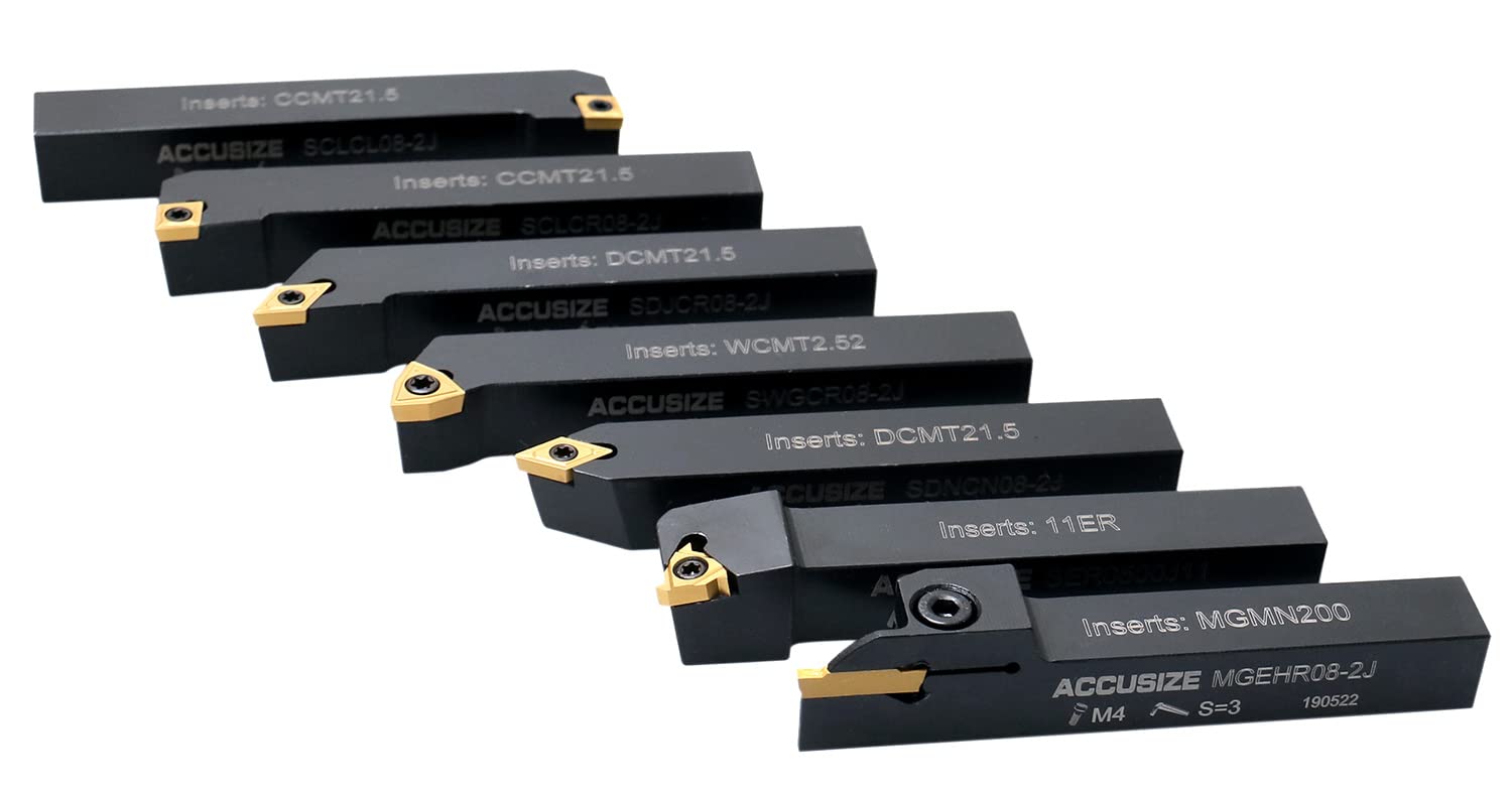 Accusize Industrial Tools 7-Piece 1/2'' Indexable Carbide Turning Tool Set with Fitted Case (2387-2004) - Perfect for Lathe Turning, Facing, and Threading Operations in Metalworking