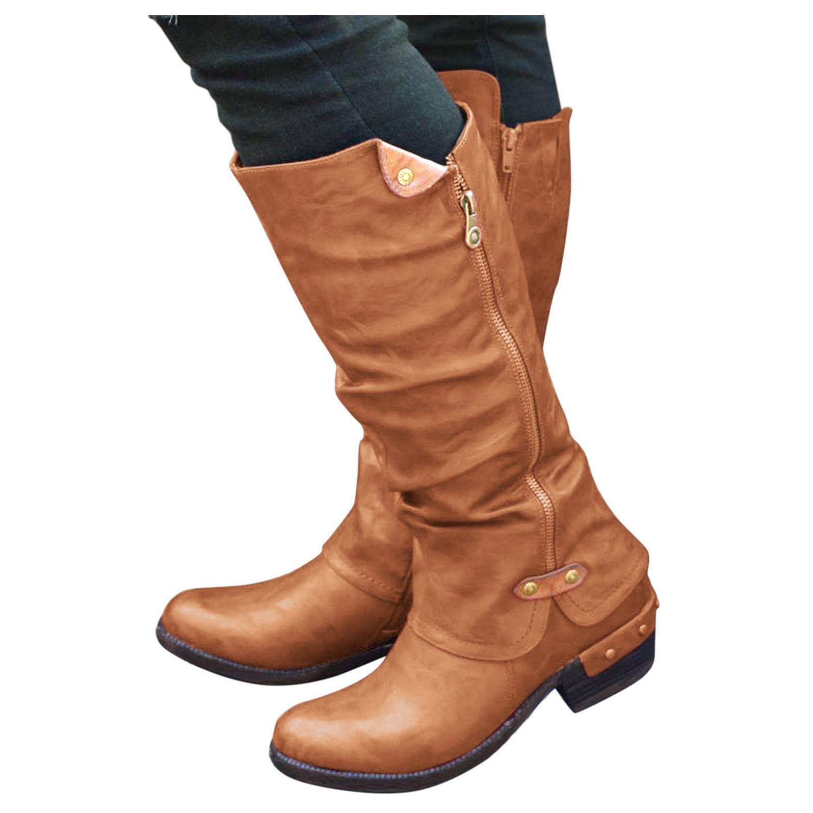 NOLDARES Women's Thigh High Buckle Stretch Wedge Boots - Block Heel Side Zipper Slip On Over The Knee Boots for Casual Wear, Date Night & Fall Fashion