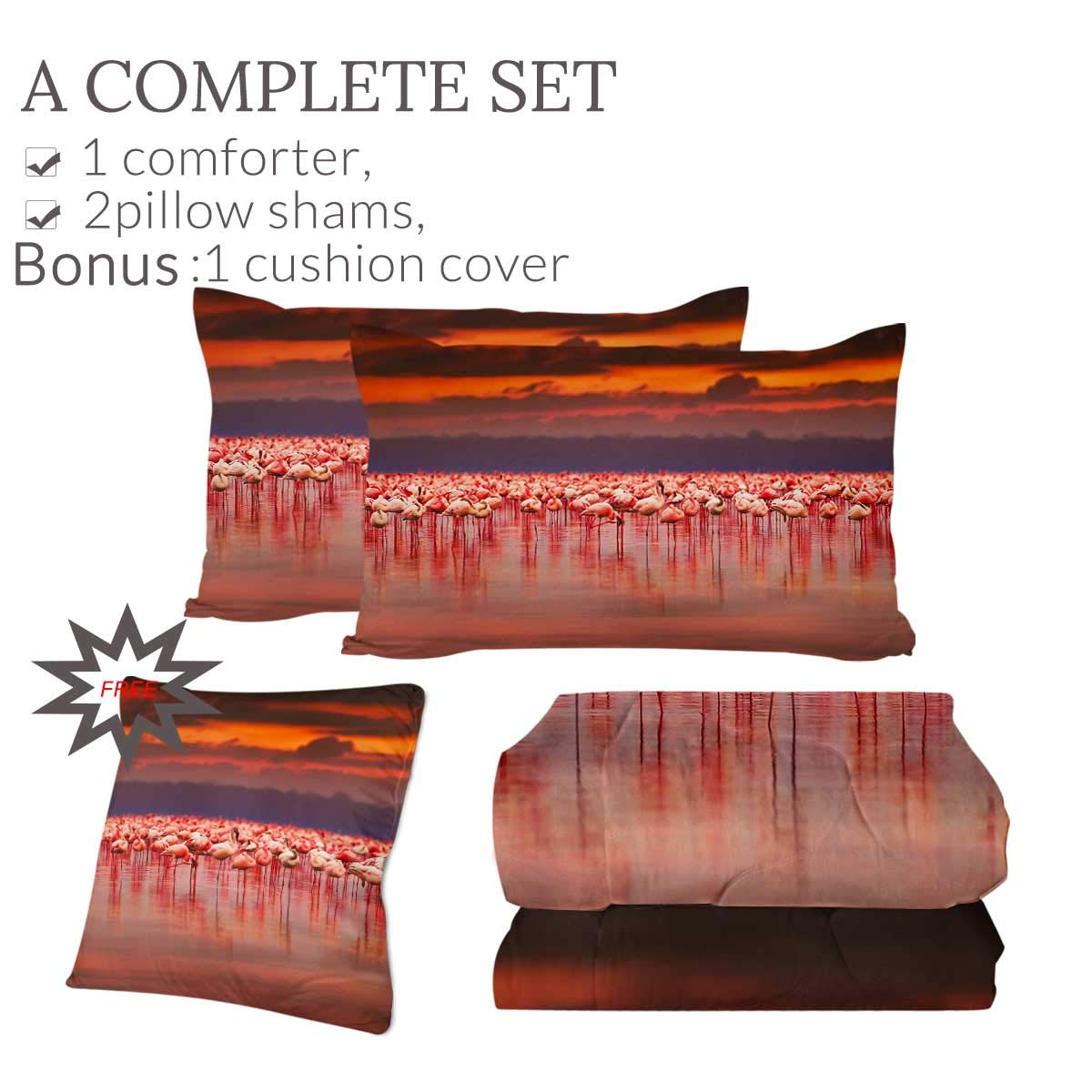 Sleepwish 3D African Flamingos Print Reversible Comforter Set - Queen Size 4-Piece Bedding with 2 Pillow Covers & Cushion Cover, Sunset Tropical Design for Stylish Bedroom Decor | Perfect for Guest Rooms, Vacation Homes & Bohemian Bedroom Themes