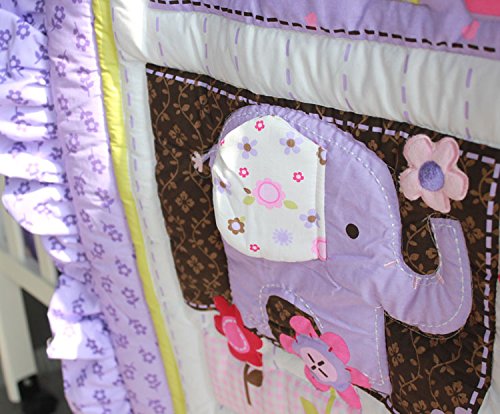Brandream 3-Piece Purple Cotton Crib Bedding Set for Baby Girls - Floral Patchwork with Elephant & Owl Design, Ruffled Trim, Breathable & Healthy Nursery Bedding | Perfect for Princess-Themed Rooms, Baby Showers & Newborn Gifts