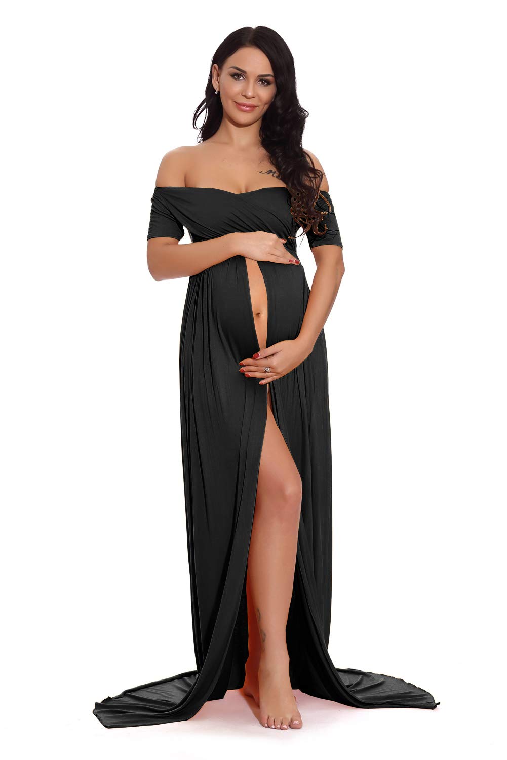ZIUMUDY Maternity Photoshoot Dress - Off Shoulder Wrap Ruched Maxi Gown with Front Split for Pregnancy Photoshoots, Baby Showers & Special Occasions