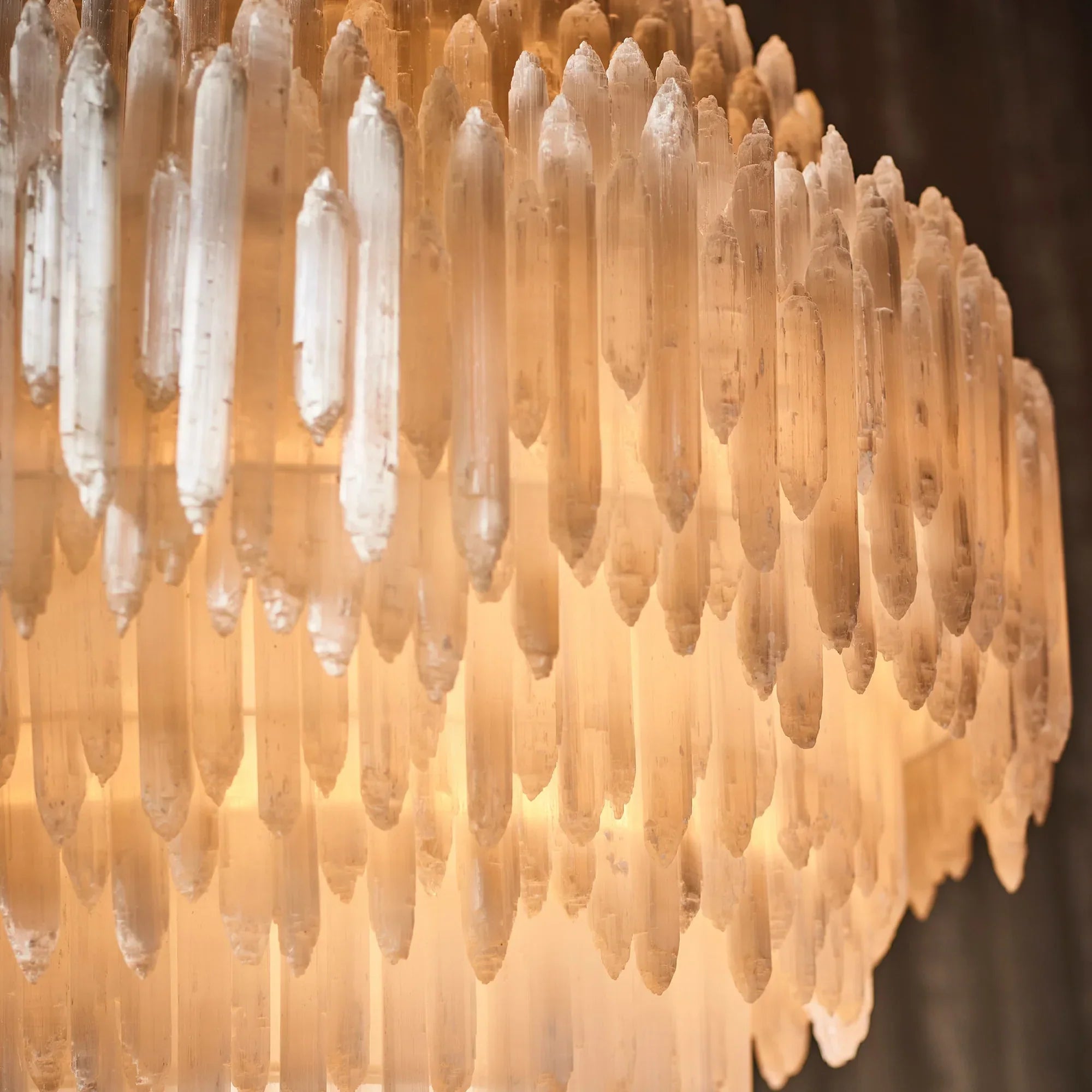 Selenite Crystal Round Chandelier - Natural Stone Pendant Light Fixture for Living Room, Bedroom & Meditation Space