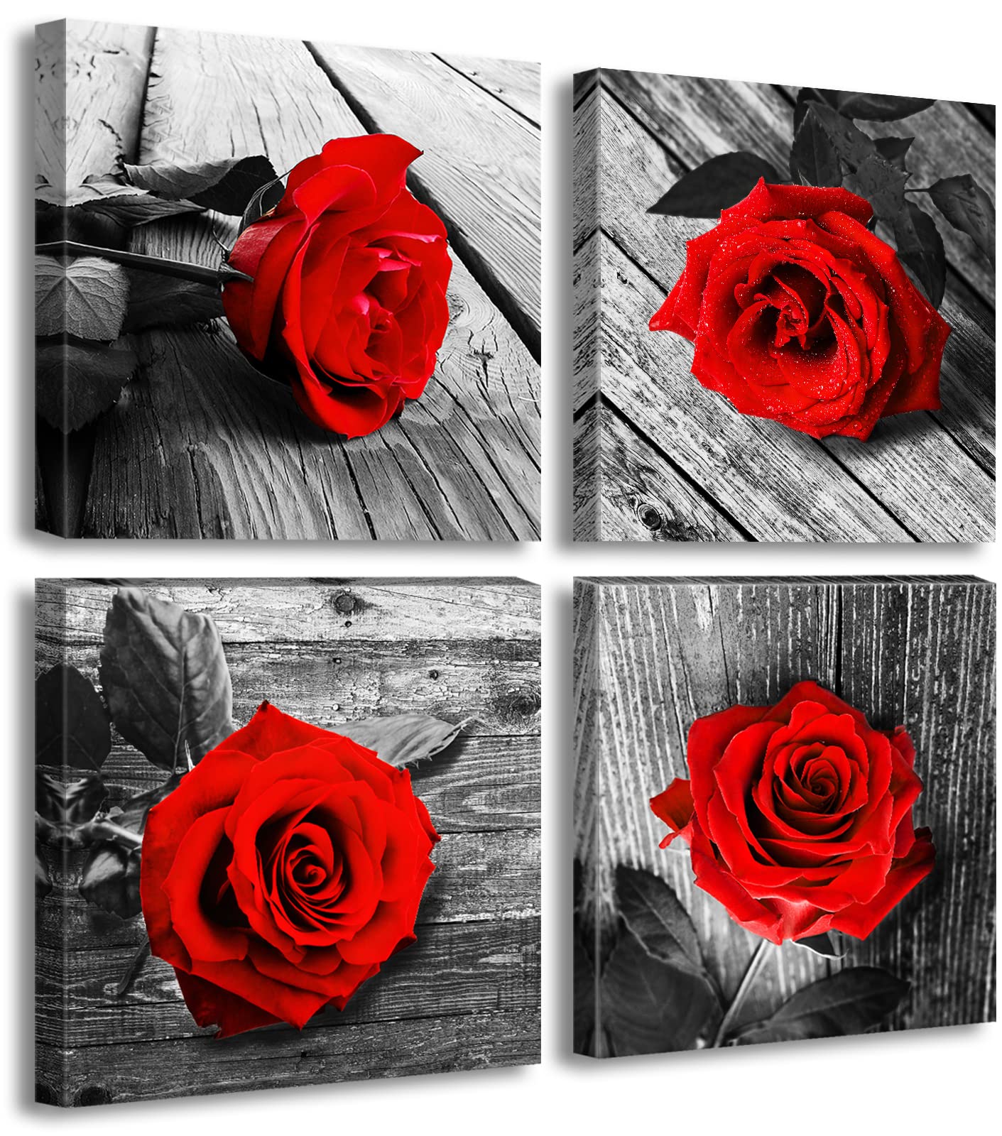 Modern Red Rose Black and White Wall Art - 12x12 Inch 4-Piece Canvas Flower Paintings for Bedroom, Kitchen & Home Decor | Romantic Couples Gift, Wedding Anniversary Present