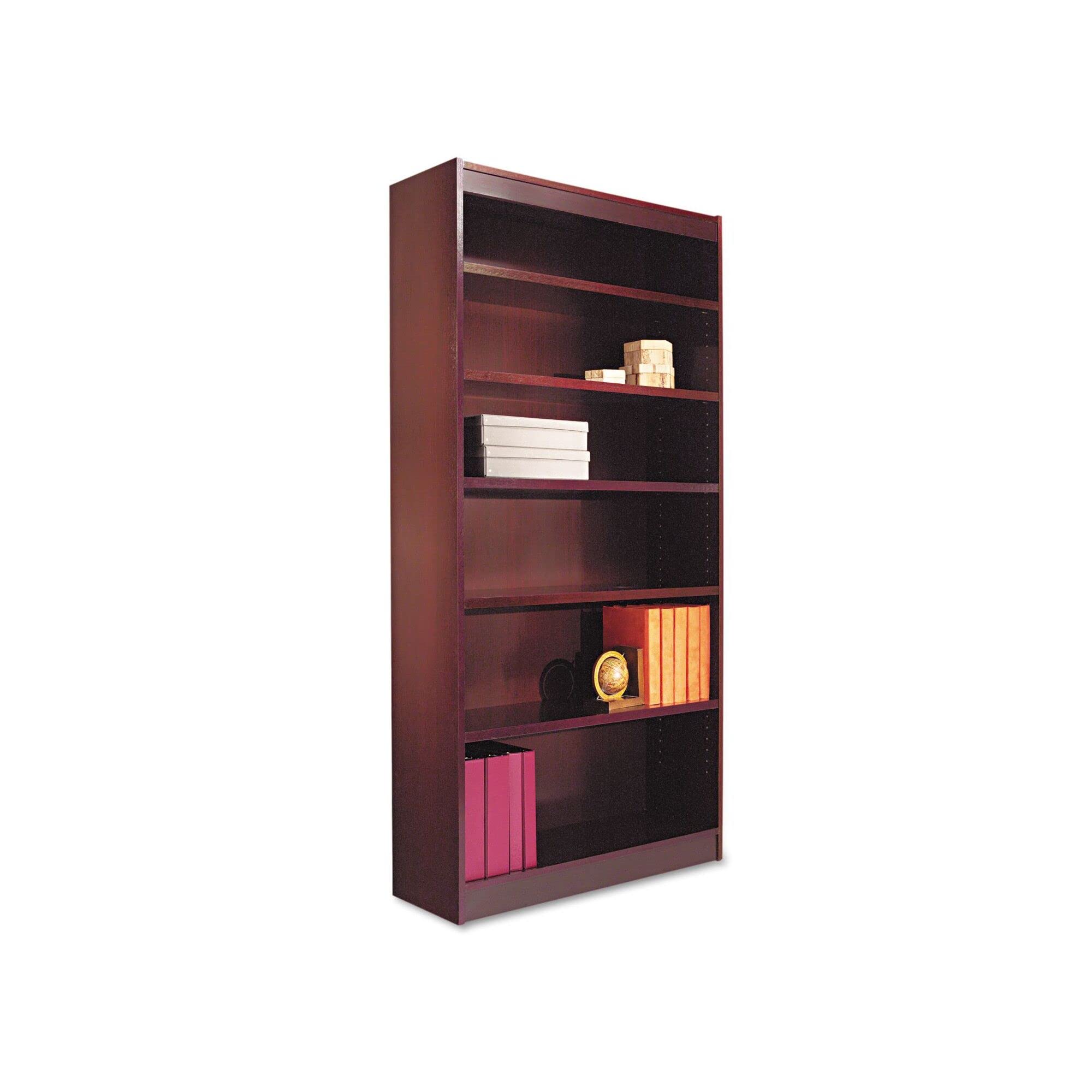 Alera 6-Shelf Square Corner Bookcase with Finished Back - Wood Veneer, Mahogany Finish - 36