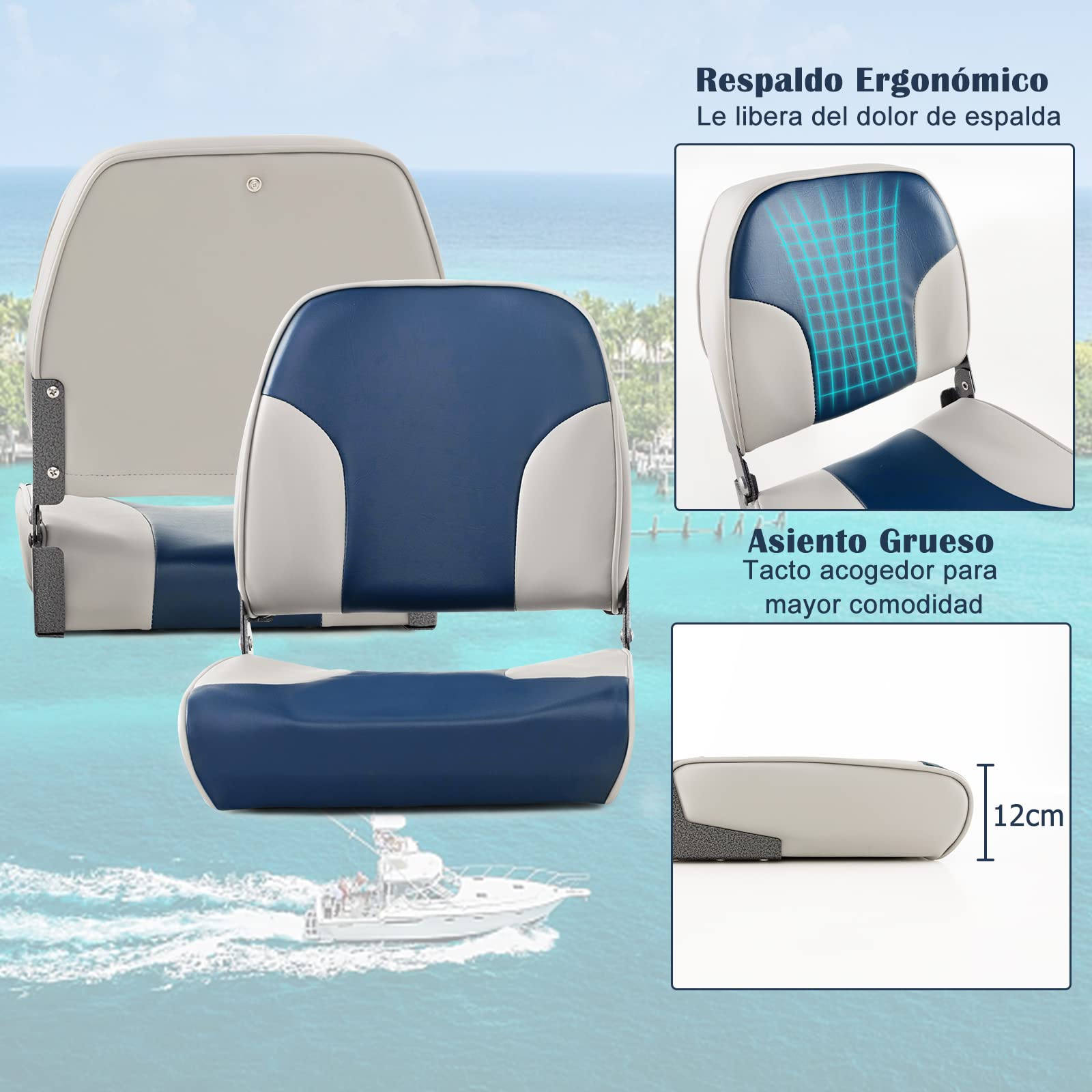 COSTWAY Folding Boat Chairs, 2 Pack Marine Seats with Long Fixing Straps & Stainless Steel Screws, Ergonomic Yacht Seats with Thick Foam & Metal Hinges (Sky Blue) - Perfect for Boating, Fishing, and Outdoor Relaxation