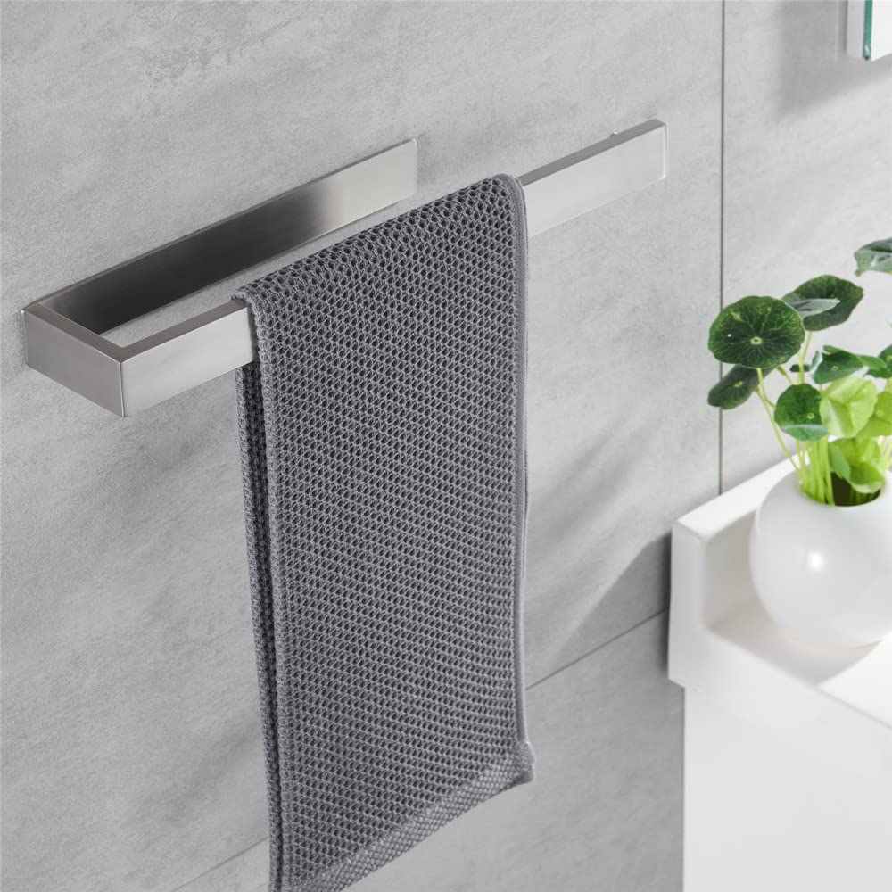 No-Drill Stainless Steel Self-Adhesive Towel Bar - 13.8 Inch Brushed Silver Bathroom Towel Holder - Durable Space-Saving Hand Towel Rack for Bathroom, Kitchen, RV & Dorm
