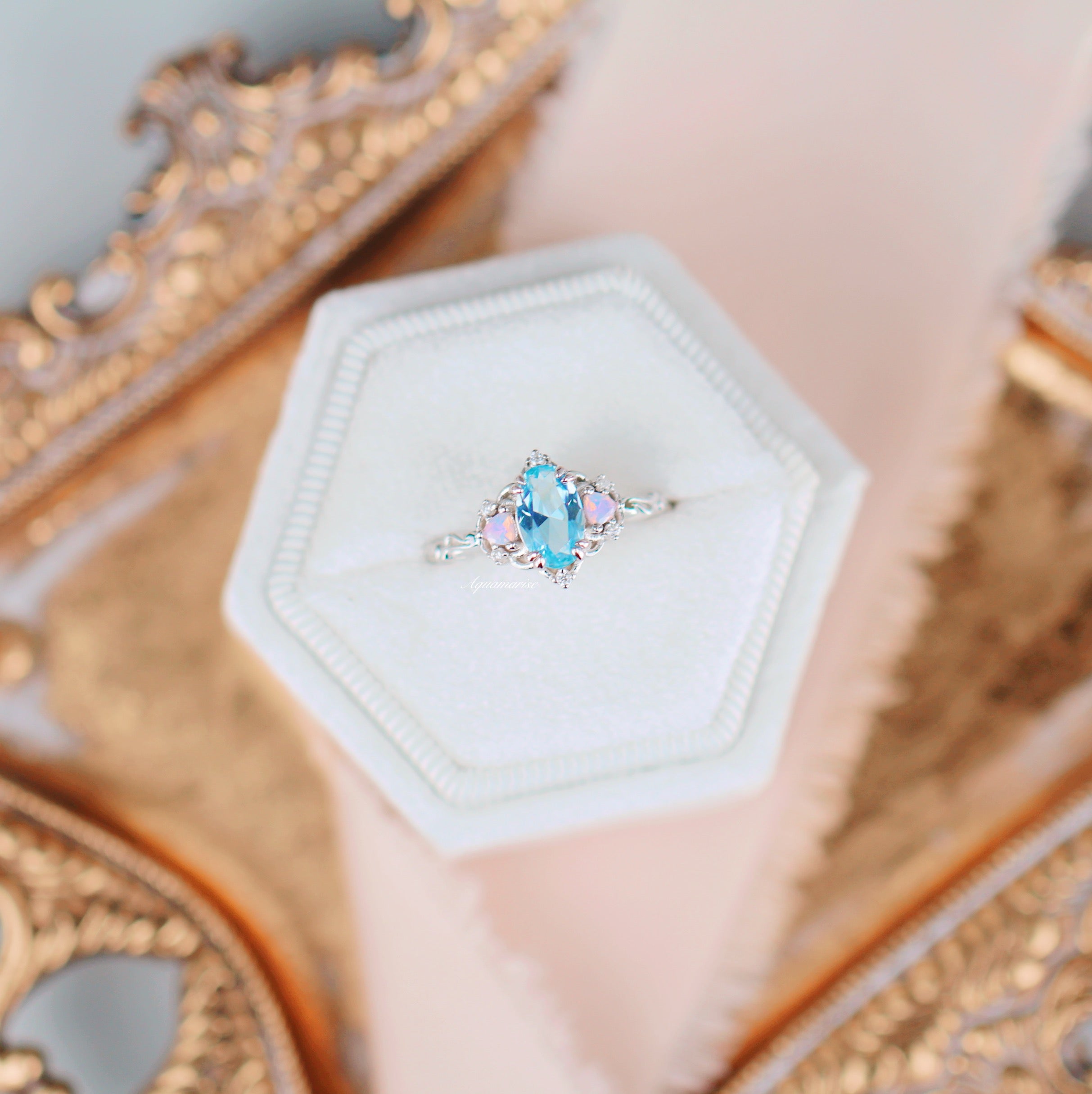 14K White Gold Esme Aquamarine & Opalescent Sapphire Ring – Elegant Jewelry for Women, Perfect for Weddings, Anniversaries & Special Occasions