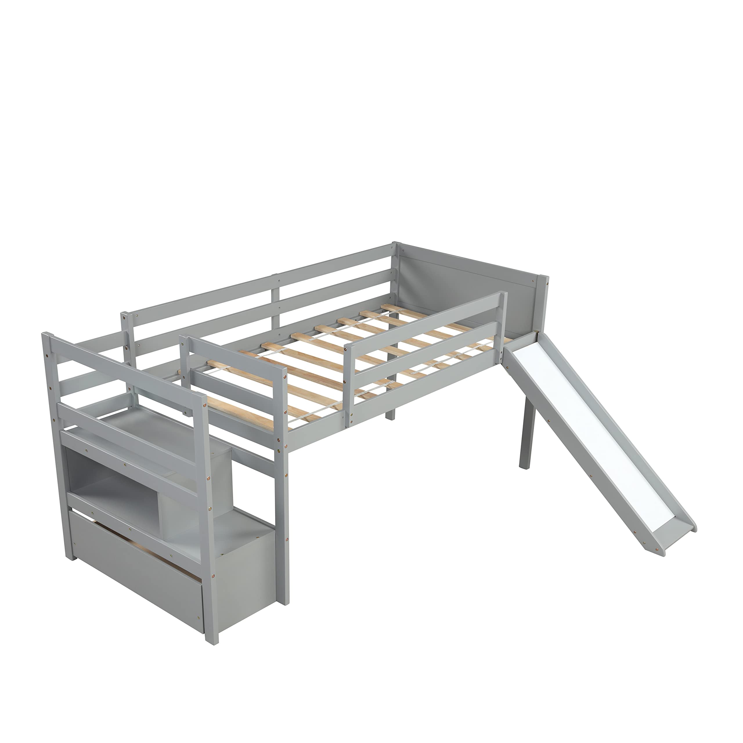 **Twin Loft Bed with Stairs & Slide - Wooden Kids Loft Bed with Storage Drawer, Shelf & Safety Guardrails - Low Junior Loft Bed Frame for Girls & Boys - No Box Spring Needed - Grey - Perfect for Small Bedrooms & Playrooms**
