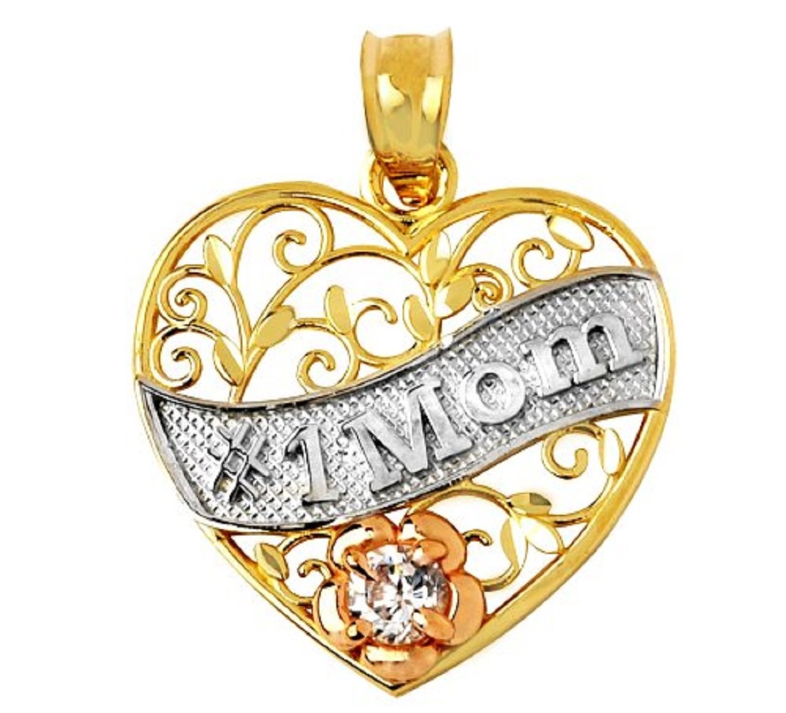 10K Tri-Color Gold CZ Rose Open Heart #1 Mom Bracelet Charm - Elegant Gift for Mother's Day, Birthday & Anniversary - Perfect for Women's Jewelry Collection