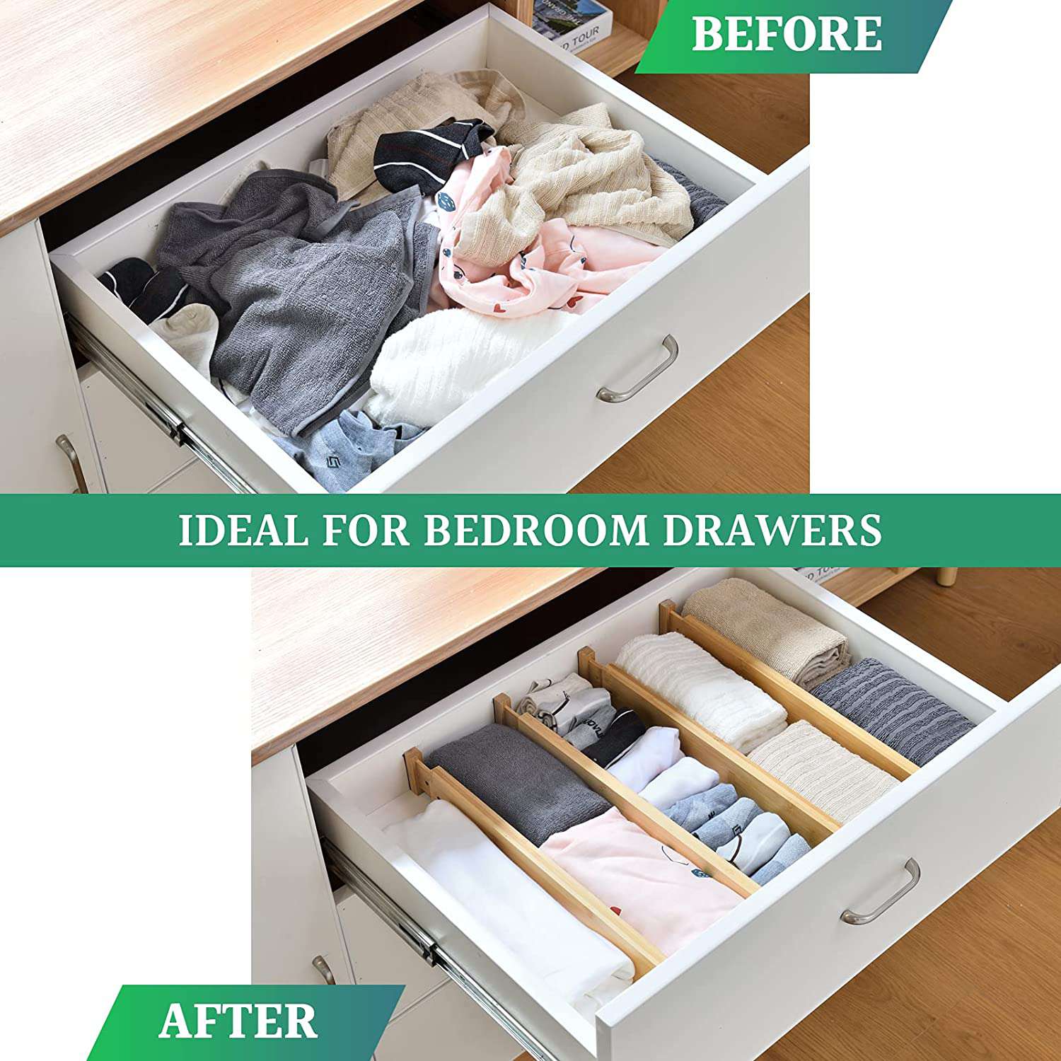 12 Pack Bamboo Adjustable Kitchen Drawer Organizers - Large Size (44-55cm) for Utensils, Spices & Cutlery - Perfect for Pantry, Office & Bathroom Storage