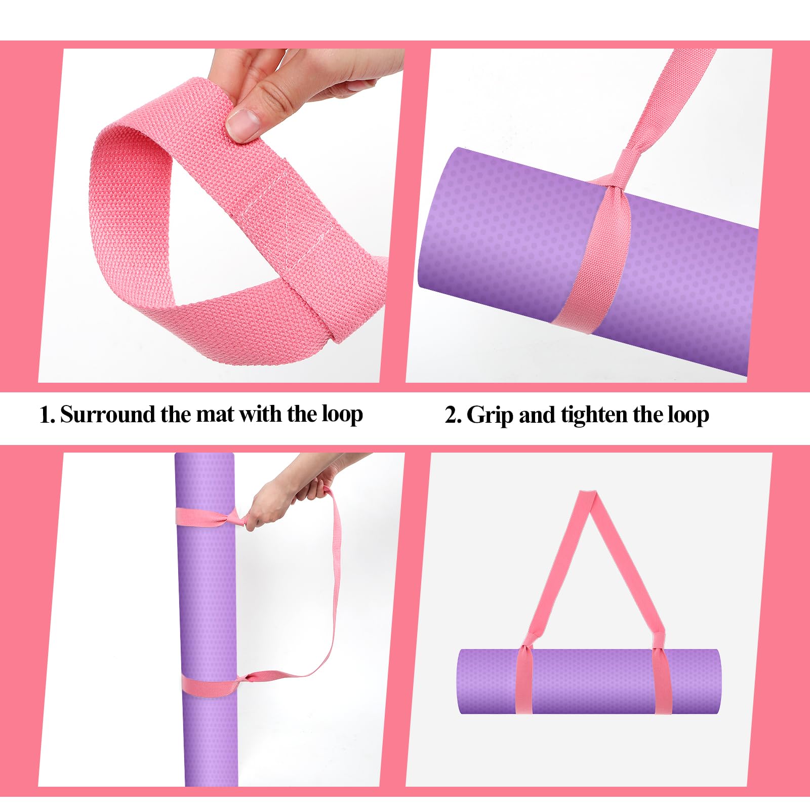 Grevosea Adjustable Yoga Mat Strap - Wide & Durable Yoga Mat Carrier with Hook & Loop Closure for All Mat Sizes - Comfortable Pink Yoga Accessory for Gym, Travel & Outdoor Yoga Practice - Mat Not Included