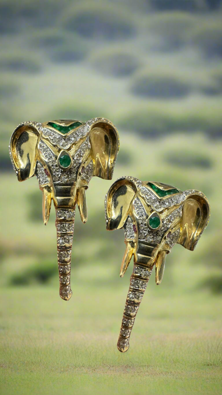 0.91tcw 14K Gold Elephant Earrings with Diamonds, Rubies & Emeralds - Moving Trunk Design for Women | Perfect Gift for Birthday, Anniversary & Special Occasions