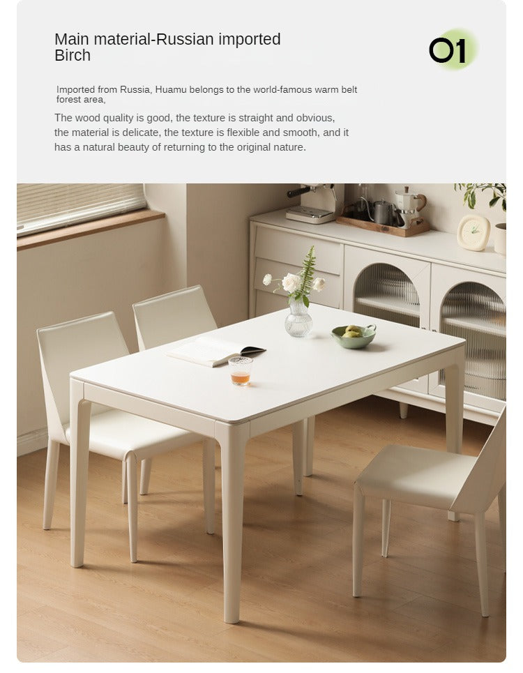 Birch Solid Wood Dining Table - White Cream Rock Plate Design for Modern Farmhouse & Rustic Kitchen Decor | Perfect for Family Gatherings & Dinner Parties