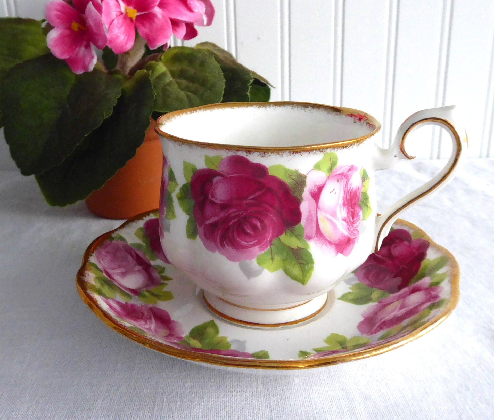 Vintage Royal Albert Old English Rose Cup and Saucer Set - 1950s Hampton Collection with Brush Gold Trim | Elegant Tea Time, Afternoon Tea Party, British Tableware Collection