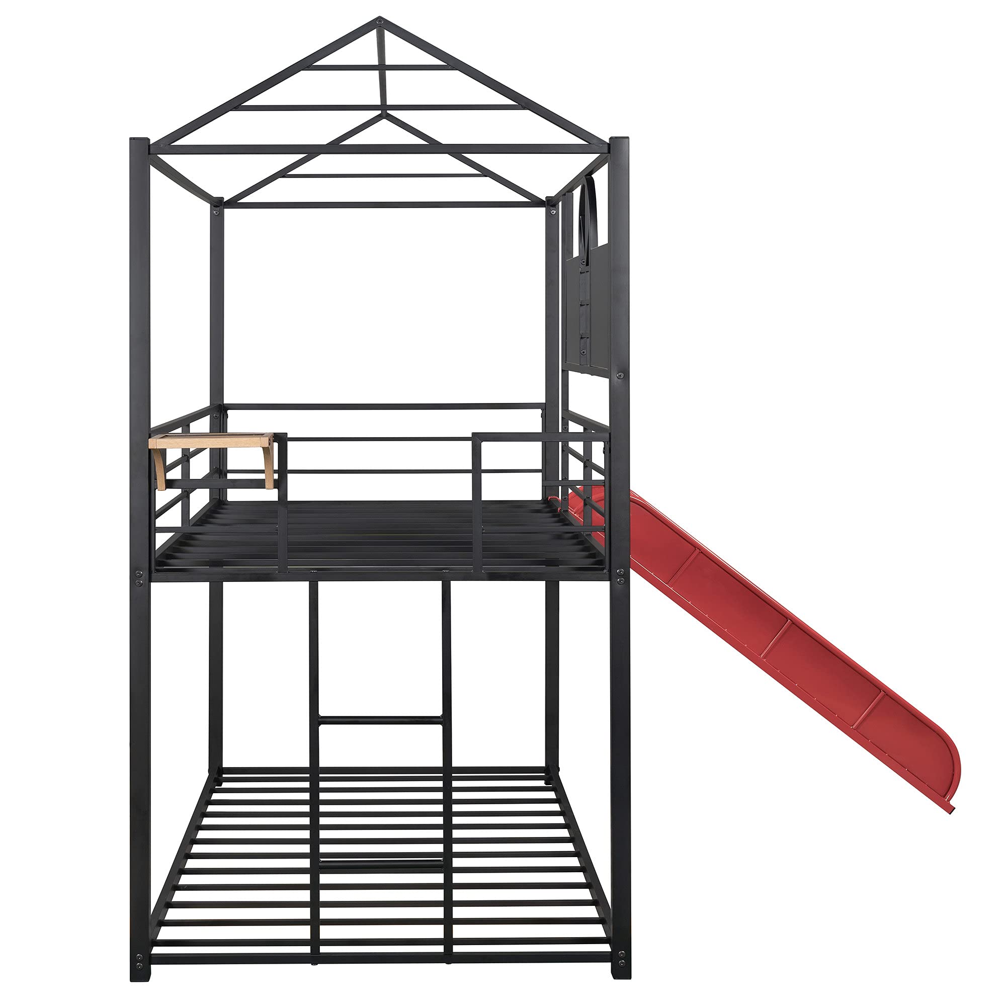 Twin Over Twin Metal Bunk Bed with Slide, Ladder & Side Shelf - Kids Club House Loft Bed in Black & Red - No Box Spring Needed - Perfect for Kids' Bedrooms, Playrooms & Sleepovers