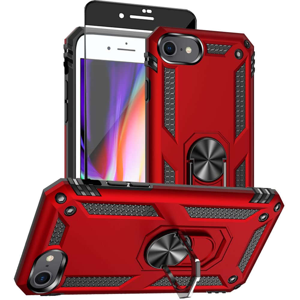 Aozuoton iPhone SE 2022/2020 & iPhone 8/7 Case with HD Screen Protector - Military Grade 16ft Drop Tested, Shockproof Protective Phone Cover with Ring Holder (Red) - Perfect for Outdoor Activities, Work & Daily Use