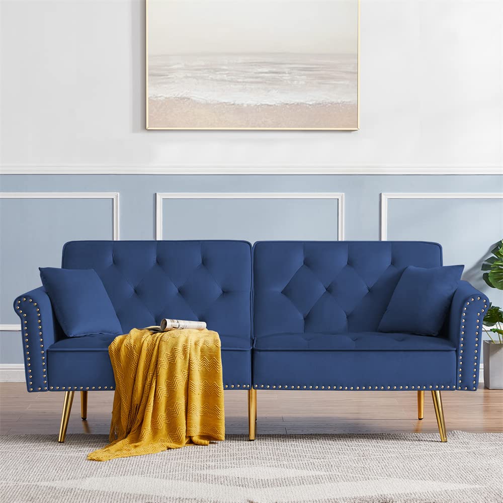 Velvet Convertible Sofa Bed - Modern Tufted Upholstered Loveseat with Adjustable Backrest, 2 Pillows & Nailhead Trim | Sleeper Sofa Couch with Metal Legs for Living Room, Bedroom & Small Spaces (Blue) | Perfect for Guest Rooms, Apartments & Studio Decor