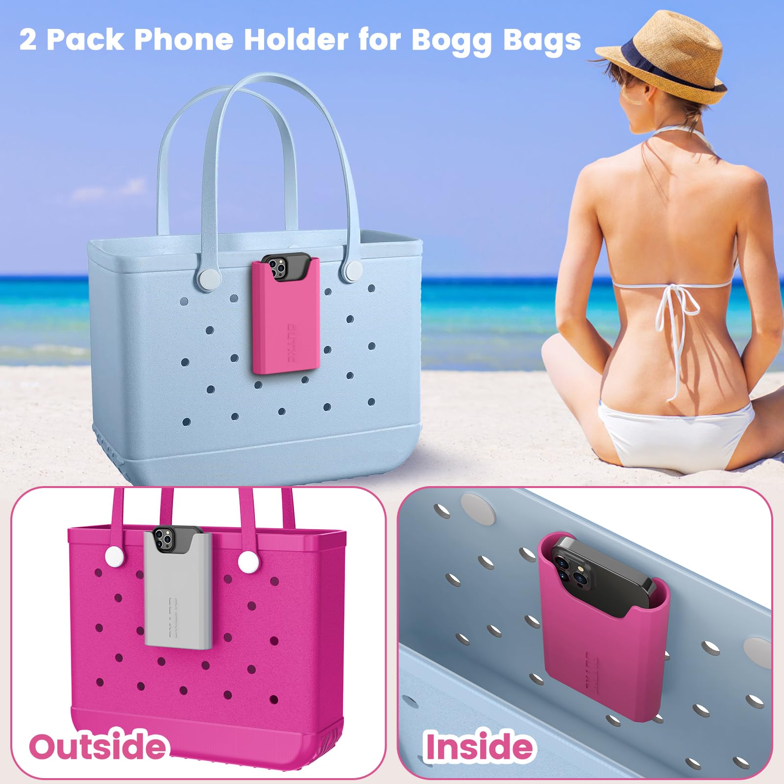 OUTXE 2 Pack Silicone Phone Holder for Bogg Bag - Universal Phone Case Holder Charms Accessory Compatible with All Bogg Bags & Beach Totes - Secure Cell Phone Attachment for Pool, Beach, Shopping & Outdoor Activities