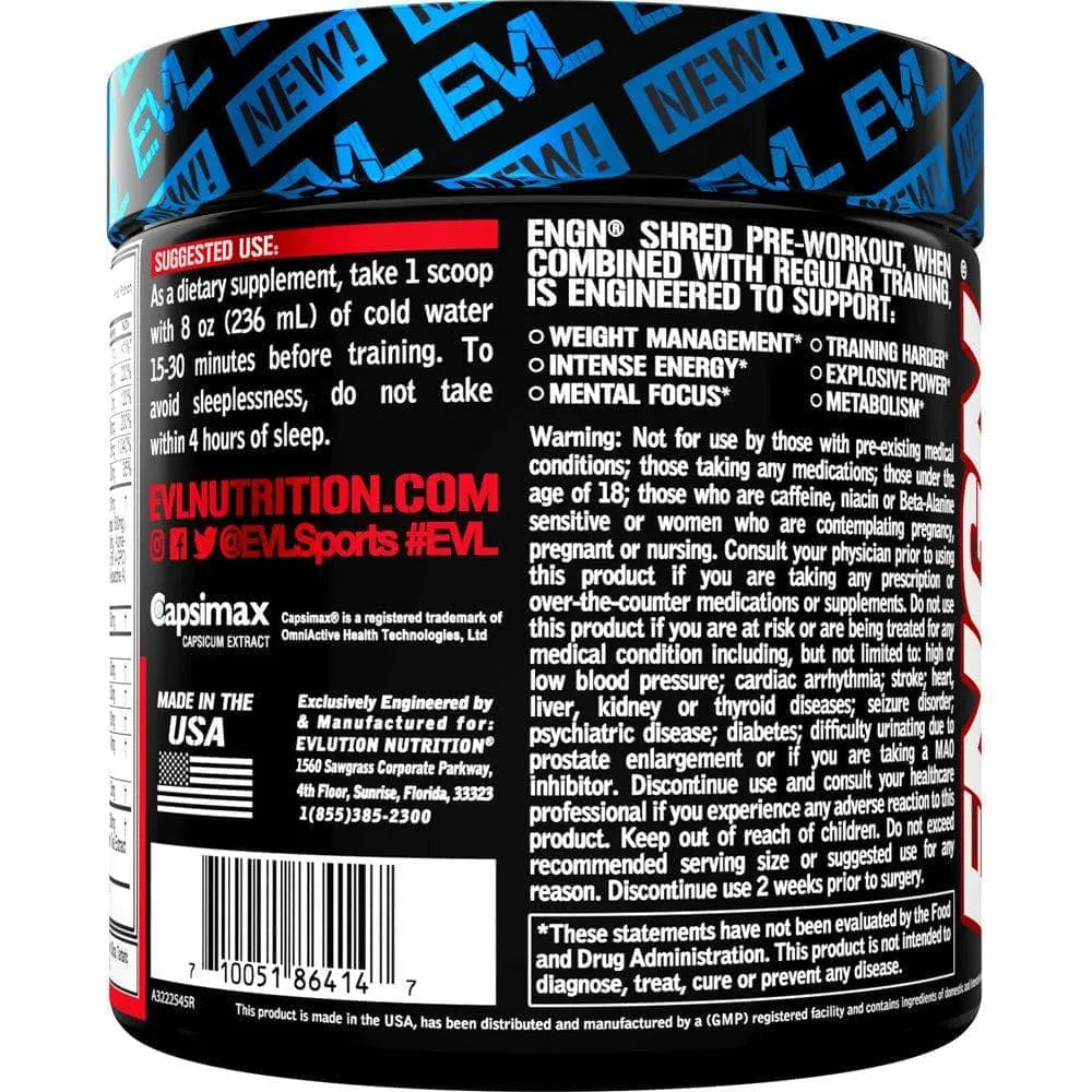 EVLution Nutrition ENGN Shred Pre-Workout Powder - 246g (30 Servings) | Fat Burner & Energy Booster for Gym & Fitness Training