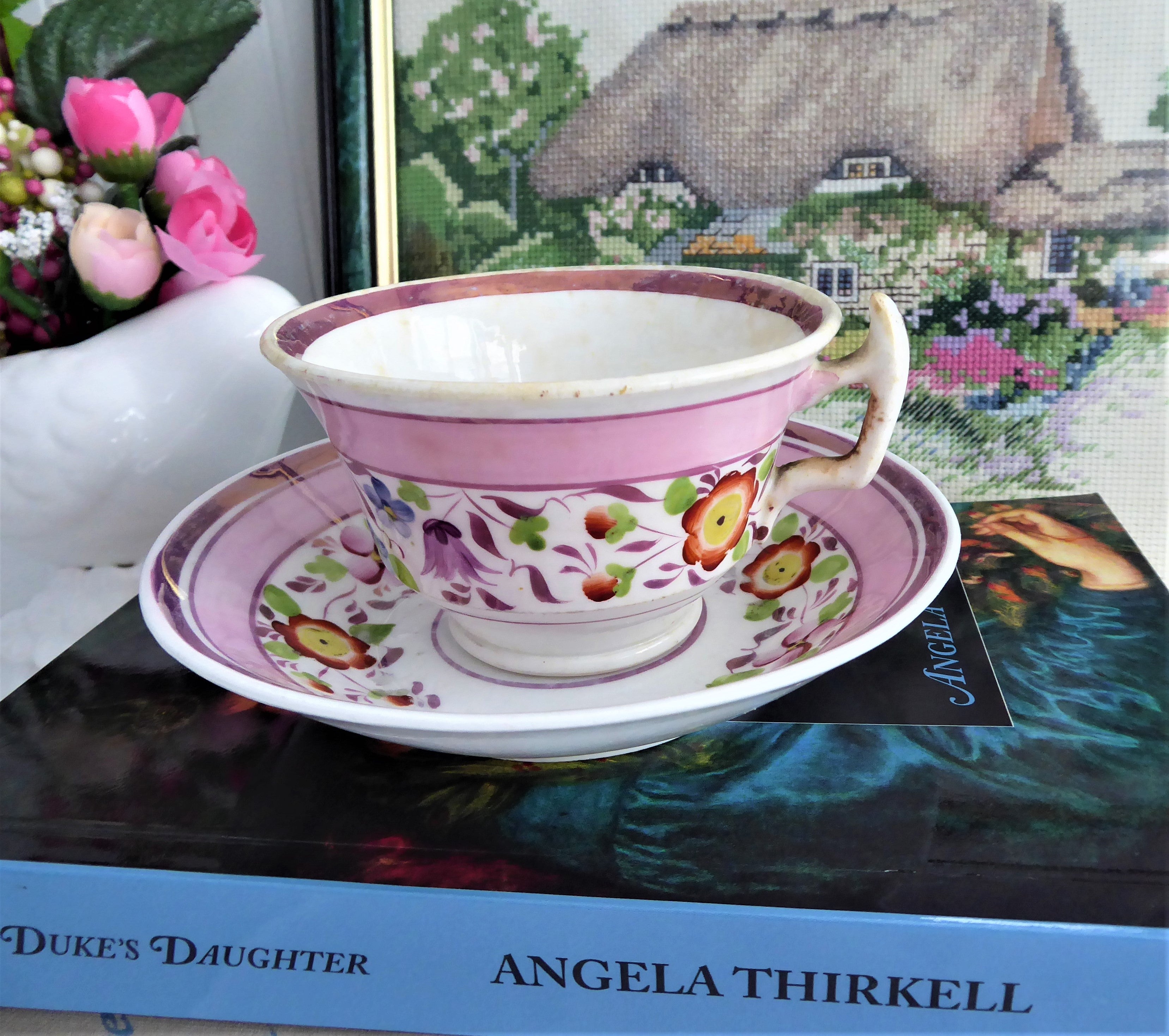 Antique Victorian Pink Copper Luster Floral Tea Cup and Saucer Set - 1830s Pattern Elegant Porcelain for Afternoon Tea, Vintage Collectible, Perfect for English Tea Parties & Home Decor