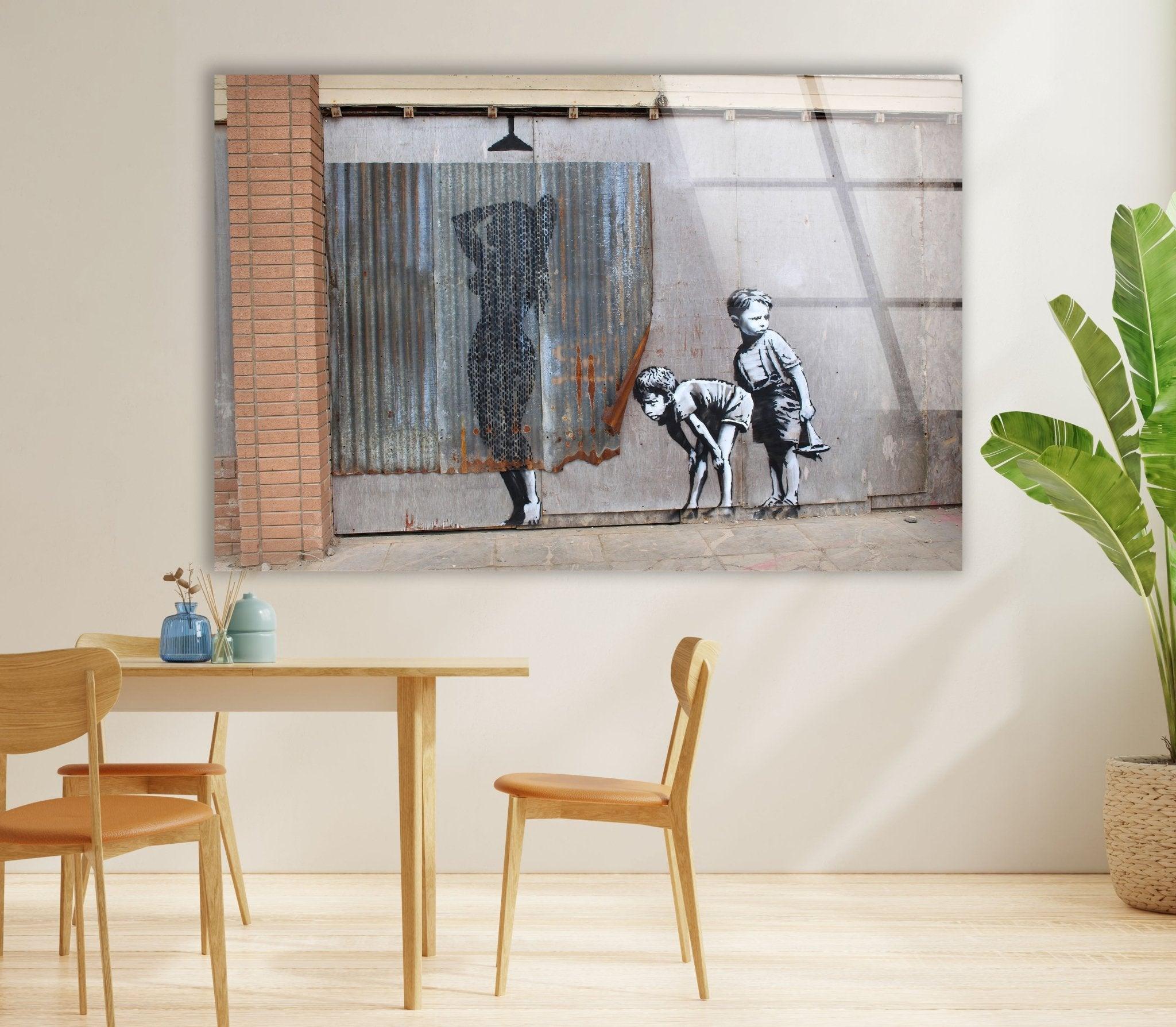 Banksy Shower Peeping Boys Framed Glass Wall Art - Modern Home Decor for Living Room, Bedroom & Office