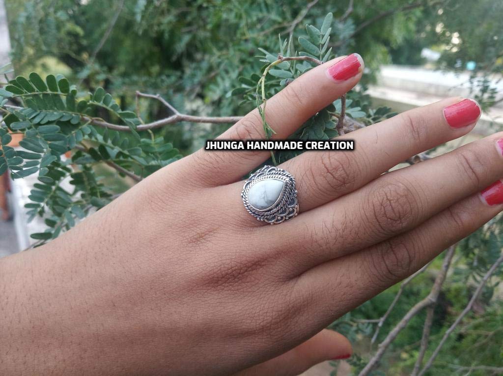 Healing White Howlite Ring - 925 Sterling Silver Bohemian Gypsy Ring, Vintage Southwestern Style with Turquoise Accents - Perfect Promise Ring, Buffalo Ring & Bridesmaid Gift for Women (Ideal for Spiritual Healing, Boho Fashion & Special Occasions)