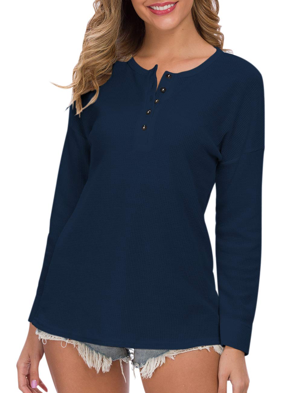 WNEEDU Women's Waffle Knit Tunic Top - Long Sleeve Loose Fit Button Up V-Neck Henley Shirt for Casual Wear, Office & Fall Outfits