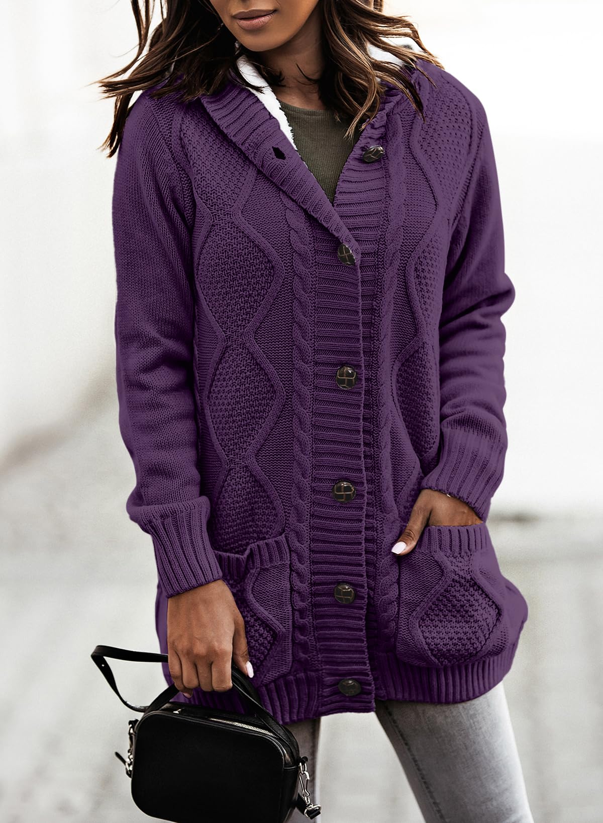 Sidefeel Women's Fleece-Lined Hooded Cardigan Sweater - Winter Button Down Jacket with Pockets | Cozy Layering for Office, Travel & Casual Outfits